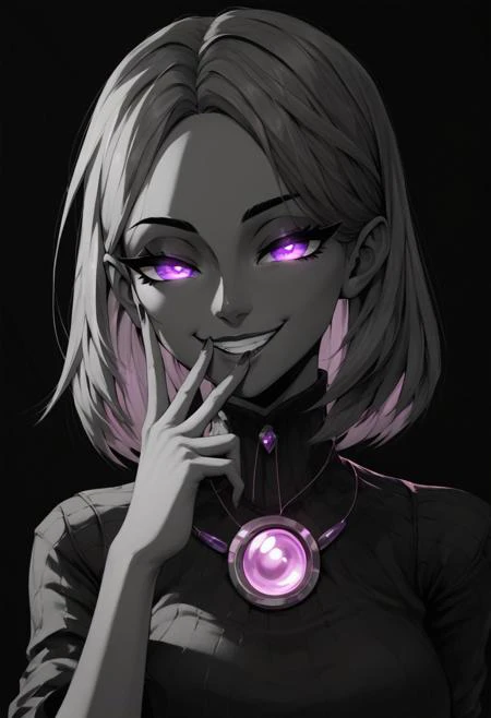 score_9_up, score_8_up, score_7_up, 1girl, purple eyes, black background, simple backrgound, 4k, glow, neon monochrome, upper body, naughty face, glowing eyes, smile, half-closed eyes, hand to face, cute,