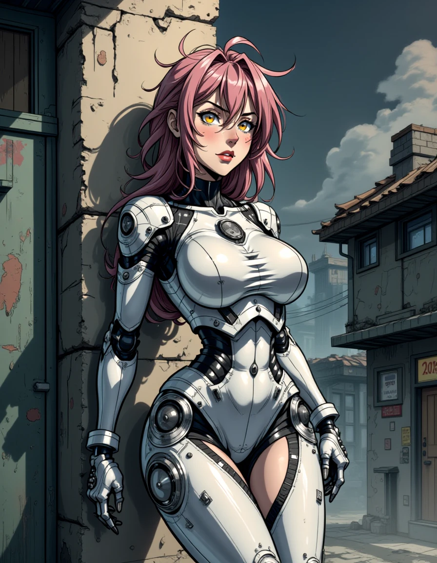 create a female character with biomech body as a 1980s anime film in a distopic destroyed city, the character is tired of live in this world and is leaning on the wall  <lora:marvelmixxv2_rank16_bf16:1>