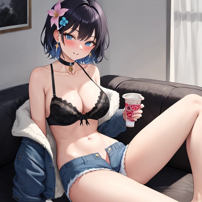 breasts, 1girl, shorts, denim, large breasts, bare shoulders, navel, looking at viewer, jacket, cleavage, stomach, denim shorts, choker, solo, blue eyes, cutoffs, open jacket, holding, off shoulder, highleg, open clothes, sitting, collarbone, hair ornament, parted lips, cup, short shorts, jewelry, black choker, smile, thighs, blue shorts, earrings, long sleeves, open fly, hair flower, couch, blue jacket, underwear, holding cup, halterneck, short hair, flower, indoors, shirt, bra, panties, black bra, micro shorts, front-tie top, cowboy shot, midriff, blush, masterpiece, best quality,finely detail,incredibly absurdres,perfect artwork,