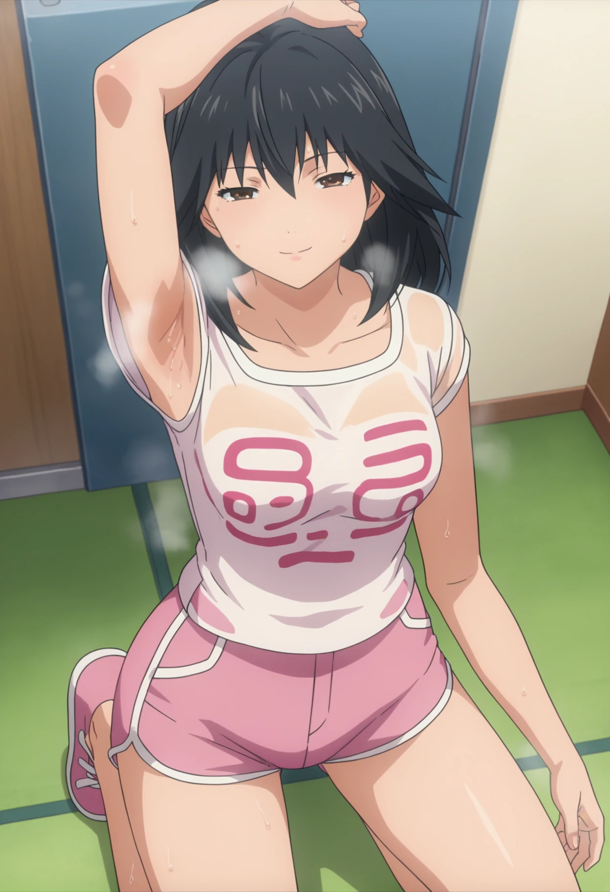 score_9, score_8_up, score_7_up, source_anime, 
BREAK
1girl, solo, anime screencap, anime coloring, 
<lora:shiMisakiV1:1.0> mispink, black hair, brown eyes, long hair, 
white shirt, t-shirt, pink shorts, dolphin shorts, 
from above, kneeling, arm up, armpits, see-through, 
looking at viewer, seductive smile, half-closed eyes, sweat, heavy breathing, steaming body,