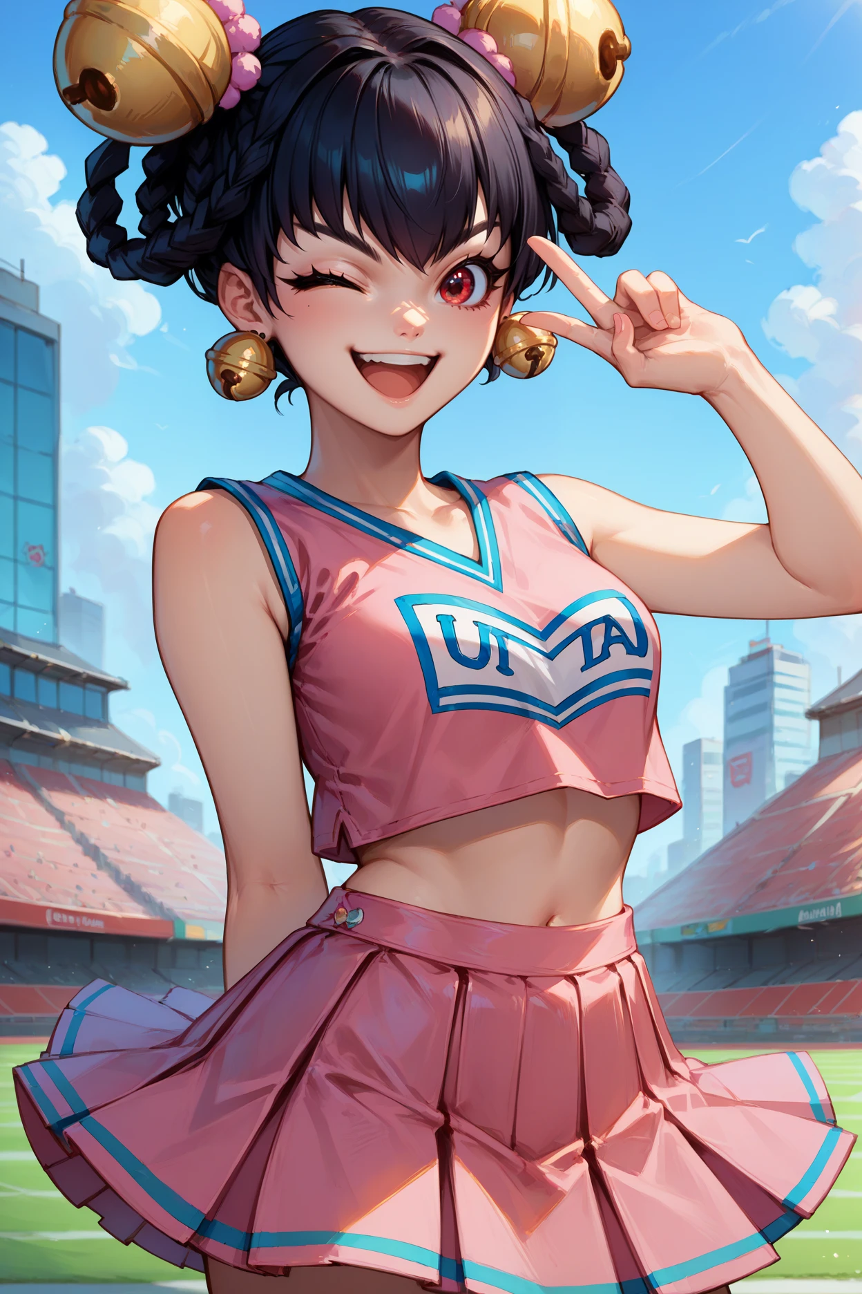 score_9, score_8_up, score_7_up, score_6_up, source_anime, 1girl, solo  <lora:opmlinlin-pdxl-nvwls-v1-000005:1> opmll, black hair, short hair, hair rings, twin braids, red eyes, hair bell, earrings, pink crop top, pink skirt, pleated skirt, cheerleader, wink, happy, pom pom, hand up, city, blue sky, looking at you