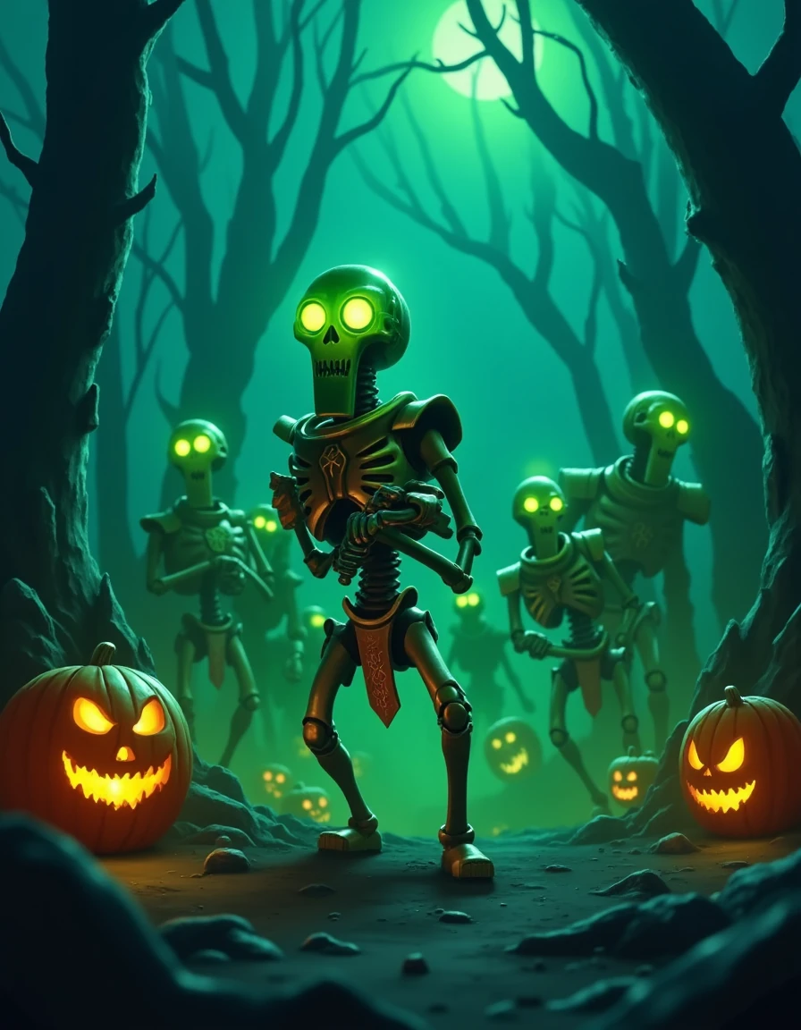 In a spooky Pixar animation, Necrons shuffle through a haunted, fog-filled forest. Glowing green jack-o'-lanterns light the path as their cartoonish expressions of menace shine through, with exaggerated, glowing eyes that reflect the playful yet eerie atmosphere.