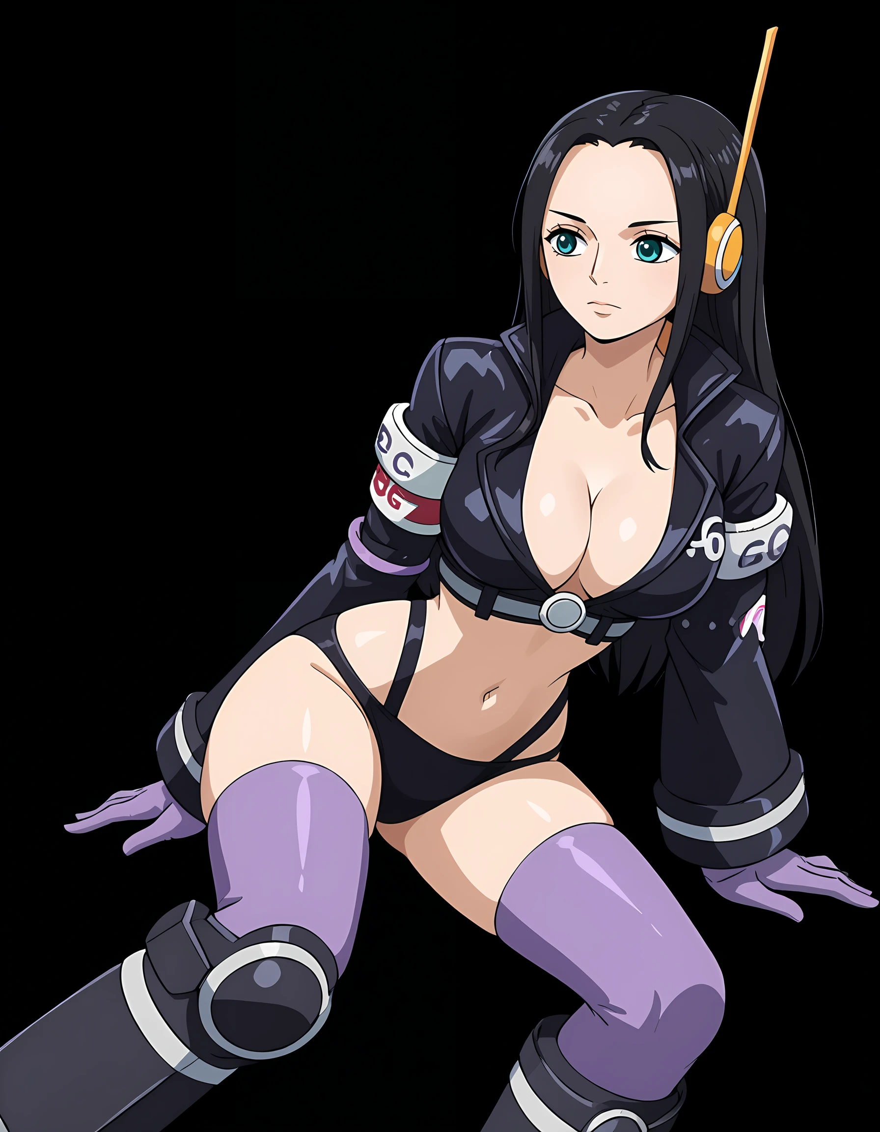 <lora:Nico_Robin-000011:1>, n1corobin, 1girl, solo, simple black background
3gghead-outfit, thighhighs, navel, gloves, knee boots, cleavage,  black jacket,  black panties, underwear, armband, long sleeves, cropped jacket, midriff, crop top, open jacket, headset, 
sitting down, facing the viewer