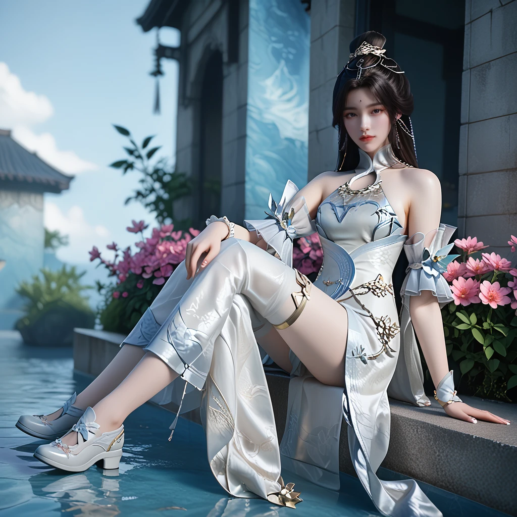 <lora:ponyyuechan1v:1>,score_9,score_8,score_7_up,yuechan,looking at viewer,white chinese clothes,gold detailing,collar,white arm bands,white wrist support,white shoes,flowers,