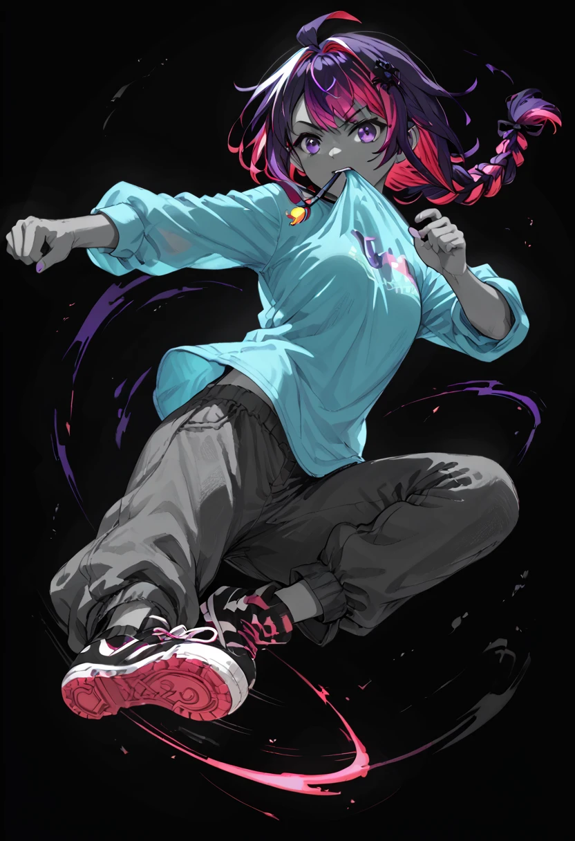 embedding:PonyScores7, 1 character, two-tone hair, red hair, blueviolet hair, braid,  purple eyes, aqua shirt, mouth hold,  kicking <lora:Poses\Various kicks - XL pony v1.0:0.5>,     (black background), glow, neon,monochrome <lora:Style\Monochrome_Neon_Glow_Style:0.9>