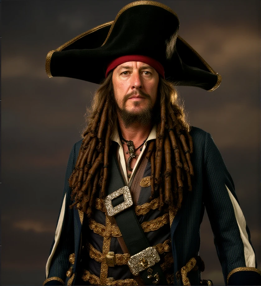 bokeh,  ((portrait photo)) , standing,   <lora:hector-barbossa-flux-b2rb0:1.3> b2rb0, Pirates of the Caribbean style, pirate