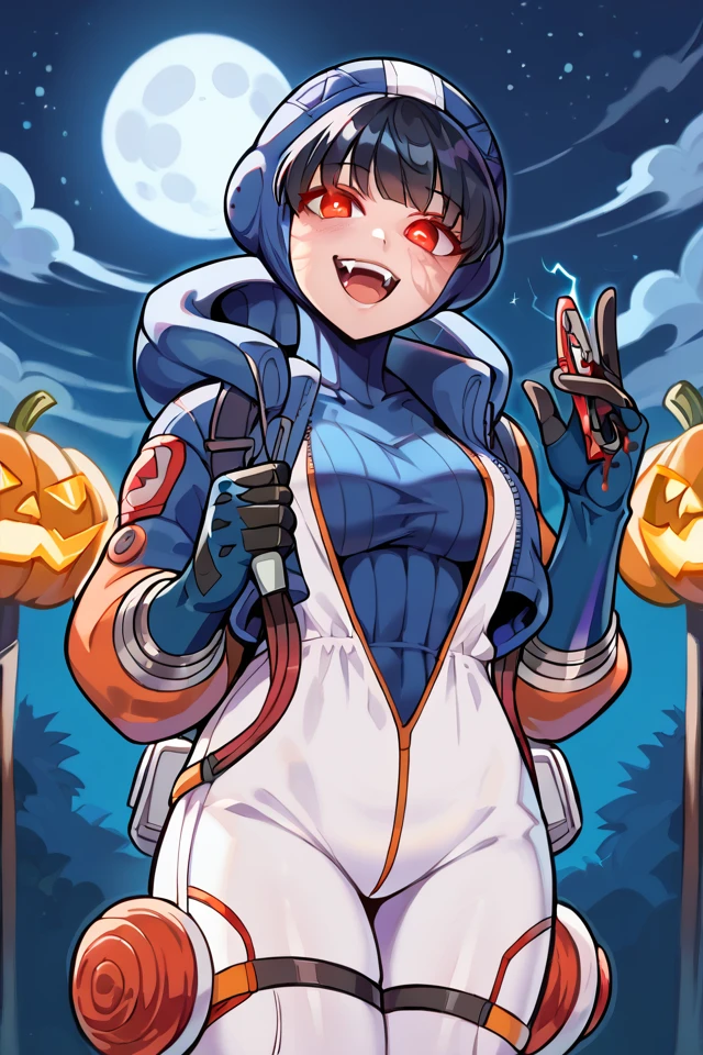 score_9, score_8_up, score_7_up, wattson (apex legends), 16k, masterpiece, absurdes, highly detailed, highres, high quality, best quality, 1girl, solo, hooded bodysuit, bodysuit, hood, scar, jacket, scar on face, scar on cheek, bangs, gloves, knee pads, hooded jacket, ribbed bodysuit, thigh strap, burn scar, looking at viewer, looking at you, cable, standing, cowboy shot, sexy, erotic, seductive smile, electricity, (close-up), upper body, outdoors, animal print, animification, bat print, gloves, glowing, glowing eyes, parted lips, red eyes, smile, (black hair), (winged menace wattson), black gloves, blush, head tilt, lichtenberg figure, open mouth, alternate eye color, alternate hair color, bat (animal), happy halloween, jack-o'-lantern, moon, full moon, smoke, (official alternate costume), (vampire), (night, moonlight, stars:1.2), (sharp pointy teeth, fangs, dripping blood:1.3), (dark red eyes), <lora:WattsonApexLegendsPonyXL-10:1>