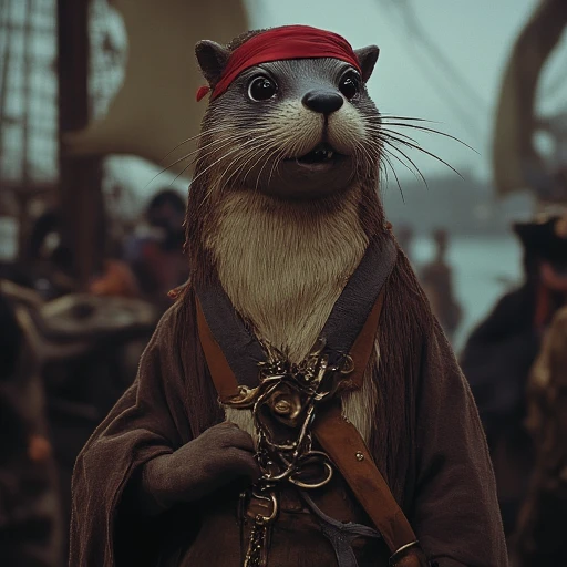 Nostalgia, otter, dark brown fur, black eyes eyes, short sleek fur, wearing an old fashioned pirates outfit with headscarf, old fashinoned sailing ship with human pirates in the background, vibrant colors, complex background, High detail, rich, intricate details, natural realistic face proportions