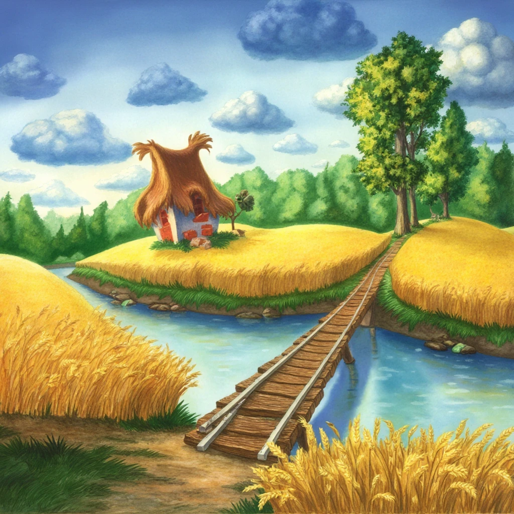 The PIVIG image style. The image is a vibrant, whimsical digital illustration depicting a serene, idyllic countryside scene. The foreground features a winding, dirt path made of golden-brown earth that leads towards a rustic wooden bridge with planks laid haphazardly across a calm, reflective body of water. The bridge spans a small river that mirrors the sky and surrounding landscape. The water's surface is dotted with a few small ripples and has a soft, shimmering quality.

To the right, lush green reeds and tall golden wheat fields stretch towards the horizon, creating a natural border. The wheat field is detailed with individual blades of wheat, adding texture and depth. 

In the background, a picturesque, thatched-roof cottage with a whimsical, curved design stands on a small hill, partially obscured by green trees. The cottage's roof is a vibrant, reddish-brown color, contrasting with the green foliage. The trees are dense and varied, with some having a slightly surreal, cartoonish appearance, adding to the whimsical atmosphere.

The sky above is a gradient of soft blue and white, filled with fluffy, white clouds, suggesting a peaceful, sunny day. The overall scene is rich in color and texture, blending elements of nature with a touch of fantasy and whimsy.