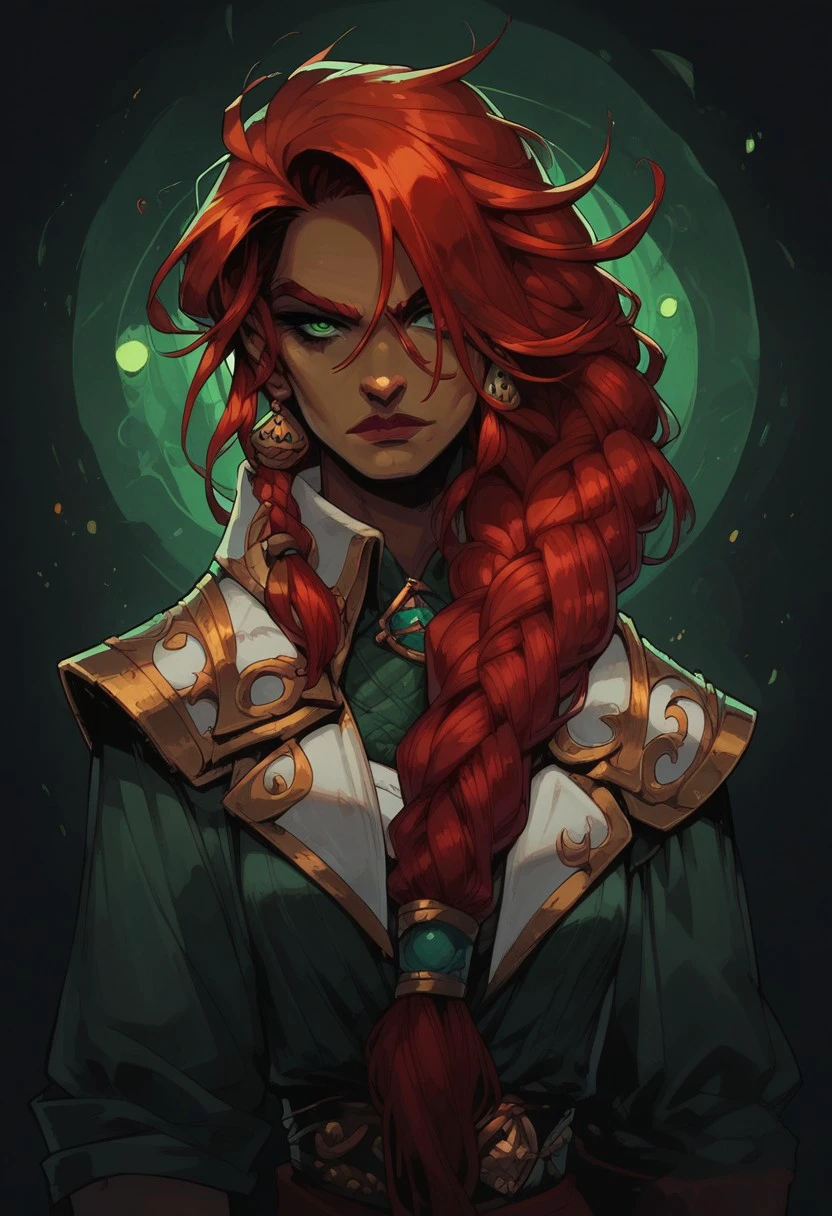 score_9, score_8_up, score_7_up, Neonhades, portrait, beautiful, dramatic lights. <lora:MFA:1> MFruinedking1. Sarahfortune. red hair. braided hair. braid. green eyes.