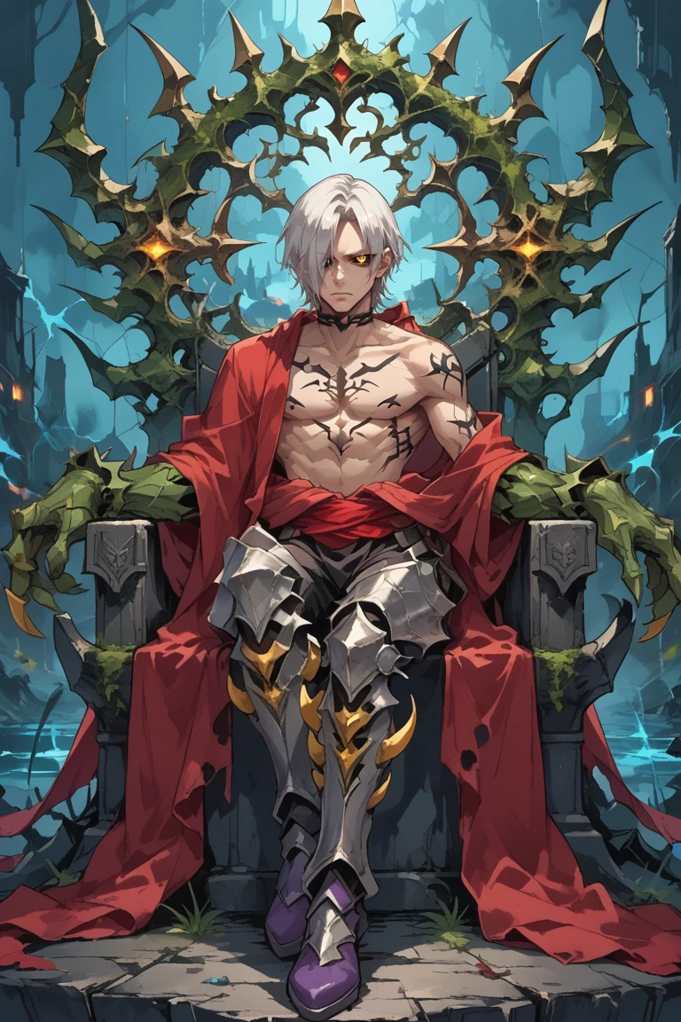 (score_9, score_8_up, score_7_up), source anime,  looking at viewer, <lora:Cardes:0.5> , cadef, 1boy, yellow eyes, black sclera, white hair, short hair, hair over one eye, topless male, green hands, oversized limbs, tattoo, red sash, red shawl, purple footwear, smug, grin, close-up,  (sitting), sitting on throne, upper body, <lora:y0tt4:0.5> , y0tt4, solo, BREAK
exterior, hell, blue sky, glowing river, chaos, <lora:backgroundsetXL:0.2> , background,