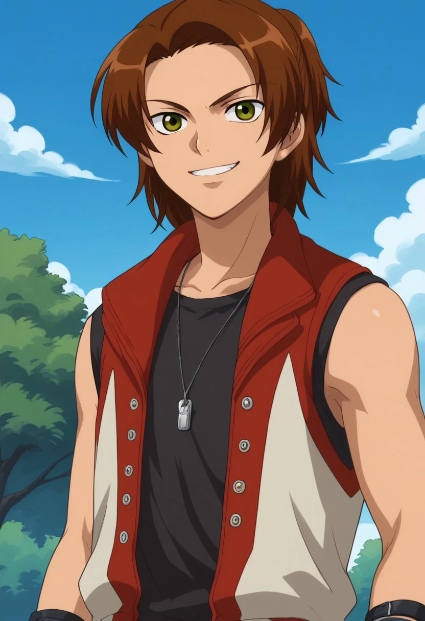 score_9, score_8_up, score_7_up, source_anime, highly detailed, 
masaru, 1boy, male focus, solo, brown hair, green eyes, shirt, black shirt, jacket, open jacket, open clothes, vest, pants, green pants, jewelry, dog tags, wristband, upper body, smile
outdoot, sky, cloud, tree