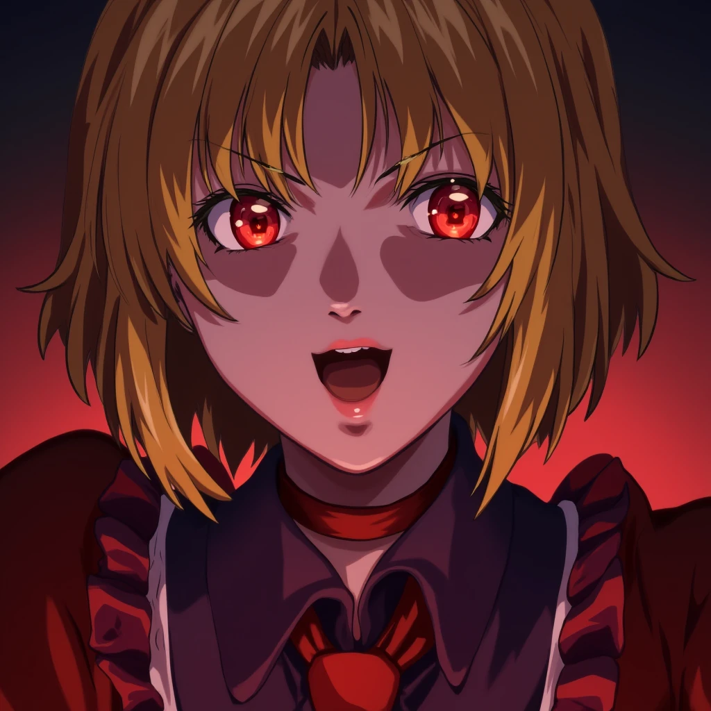 UHD, 4k, ultra detailed, cinematic, a photograph of  <lora:Bible Black Adult animation style v2:0.5>
In Adult animation style, In Manga and Anime cartoon style Jody Crowley a woman with red eyes and a tie, 1girl, solo, smile, short hair, open mouth, blonde hair, red eyes, ribbon, frills, choker, glowing, parody, glowing eyes, style parody, anime coloring, rumia, blonde hair, short hair, eroge, anime, manga, nsfw, cartoon, Adult animation, explicit, Original video animation, Baiburu Burakku style, Bible Black style, villain2, portrait, epic, beautiful lighting, inpsiring