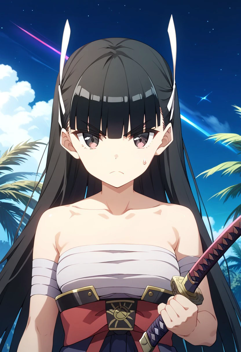 score_9,score_8_up,score_7_up,source_anime, Kasumi,1girl,solo,looking at viewer,holding,bow,closed mouth,bare shoulders,collarbone,upper body,weapon,outdoors,sky,cloud,sword,blunt bangs,holding weapon,sweatdrop,tree,v-shaped eyebrows,night,frown,holding sword,bandages,katana,clenched hand,night sky,sarashi,palm tree,chest sarashi,