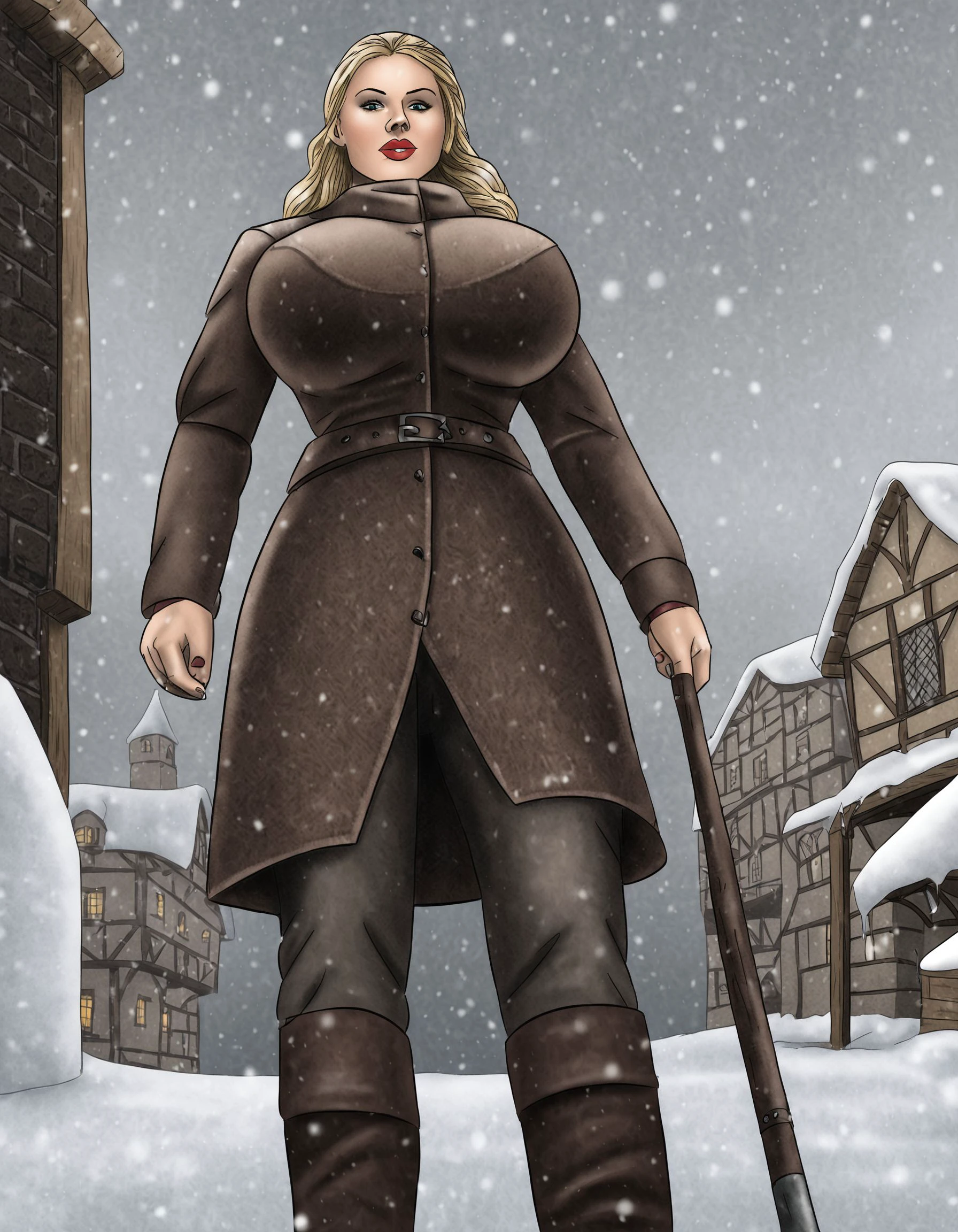 1girl, medieval, village, snow, winter, snowing, viking, leather armor, tall female, large breasts, solo, (hatching:1.3), from below, (realistic:0.5), (photorealistic:0.4) <lora:Biggals-000018:1>