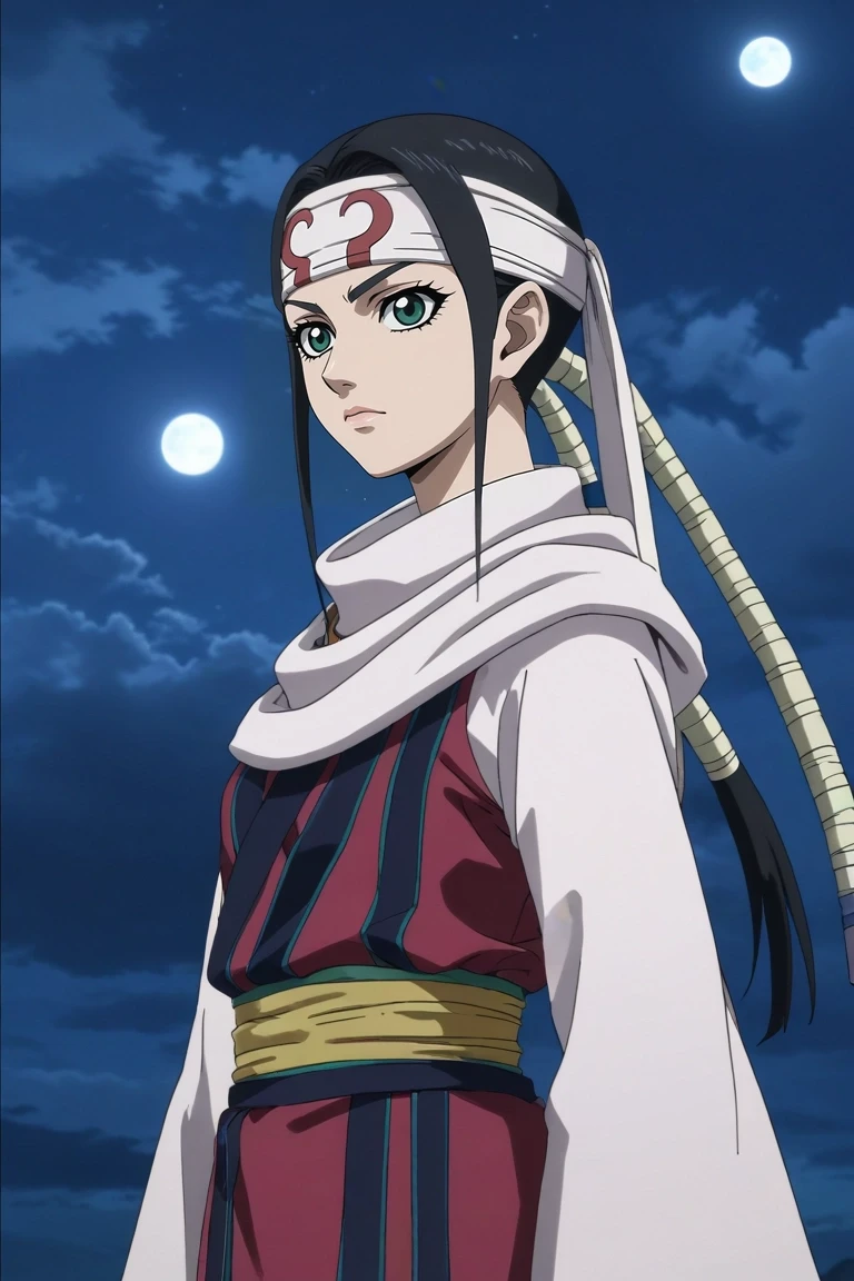 score_9, score_8_up, score_7_up, , rating_safe, intricate details, anime screencap, , , looking at viewer, , 1girl, solo, <lora:qiang_lei_pony:0.8>, qiang_lei, black hair, green eyes, long hair, ponytail, headband, sword, aged down, from side, heaven, clouds, night, crescent moon, victory pose, giggling, cleopatra costume, <lora:sdxl_lightning_8step_lora:1>