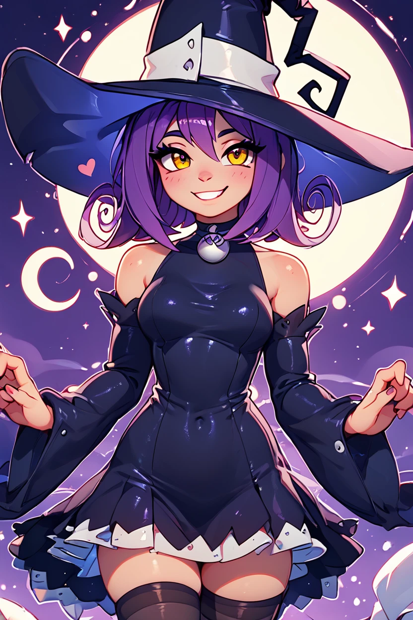 score_9, score_8_up, score_8, medium breasts, (curvy), cute, eyelashes,       BREAK, , zzBlair, 1girl, solo, yellow eyes, purple hair, witch hat, witch, detached sleeves, black short dress, thighhighs,  <lora:Blair_SoulEater_PDXL_v1:1.0>, , BREAK, smile, looking at viewer, cowboy shot, ,,, embedding:zPDXL, Expressiveh, ,,, <lora:CuteToonPDXL:0.8>, <lora:SDXLFaeTastic2400:0.5>, <lora:Expressive_H-000001:0.4>,