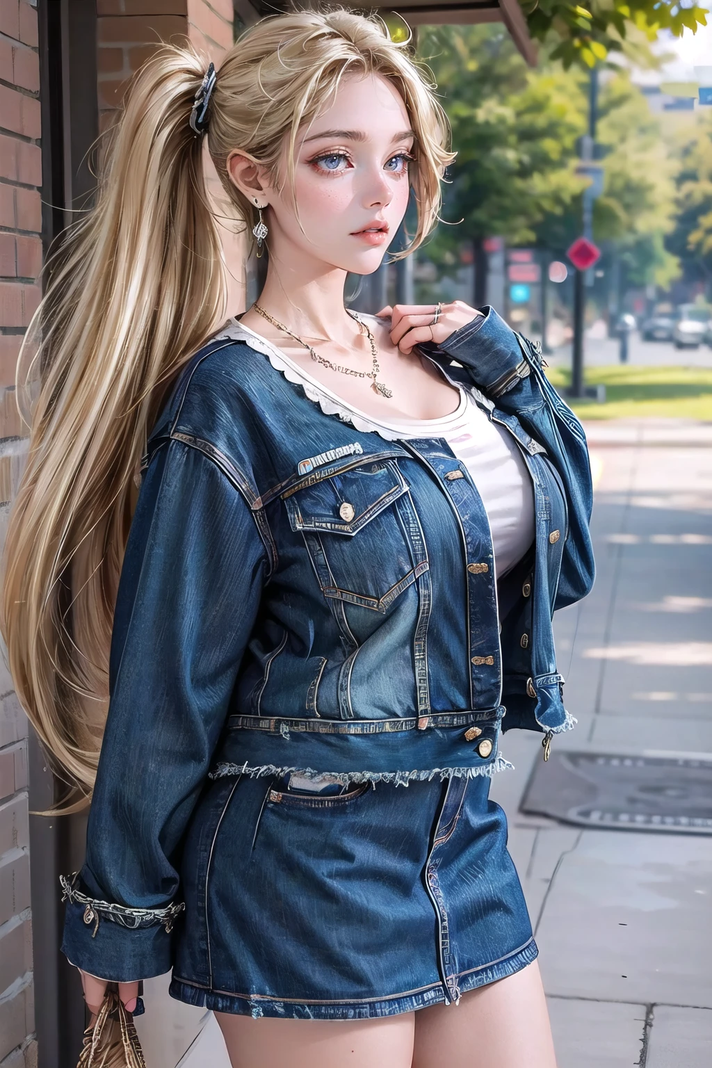 (masterpiece, best quality:1.2),illustration,8k,hd,1 girl,very long hair,solo,(collarbone:1.2),looking at viewer,twintails,(blonde hair:1.2),
Common,denim jacket,jewelry,denim skirt,denim,earrings,blue jacket,blue skirt,big breasts,sleeves past wrists,long sleeves,white shirt,necklace,outdoors,day,lake,extremely detailed dress,crystalstexture skin,front view,