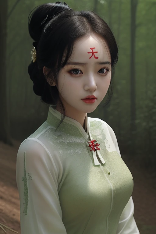 ((无)), ((无)), forehead, close-up, upper body, 1girl, a woman, updo,  forest, <lora:无:1>