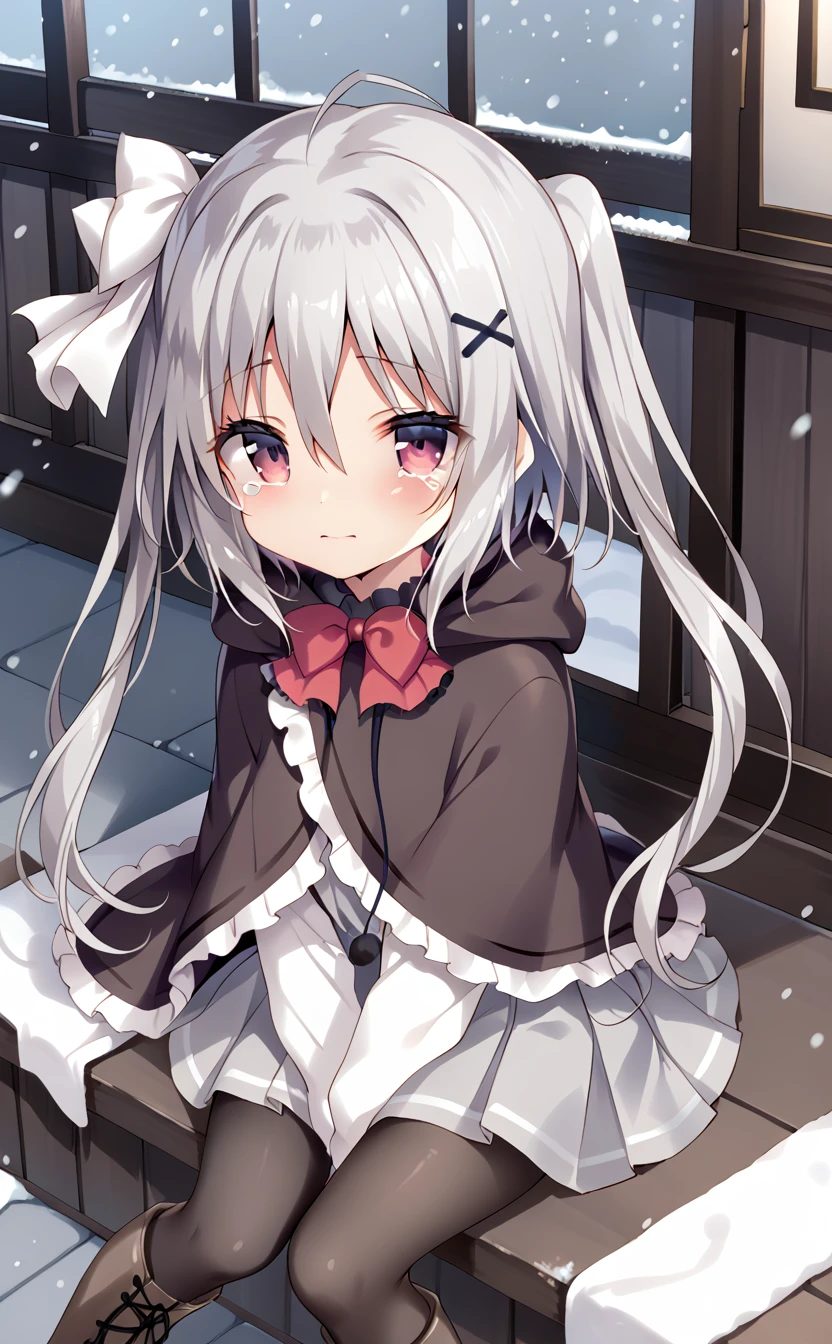 <lora:Neri:0.7>,Neri,cotton balls for clothing,1girl,solo,boots,cloak,x hair ornament,hair between eyes,one side hair bow,black pantyhose,red bow,white shirt,grey hair,twintails,light grey skirt,score_9,lonely,(wiping_tears:1.2),street,snowing,sitting,wariza,from_above,looking_at_viewer,looking_back,rubbing eyes,