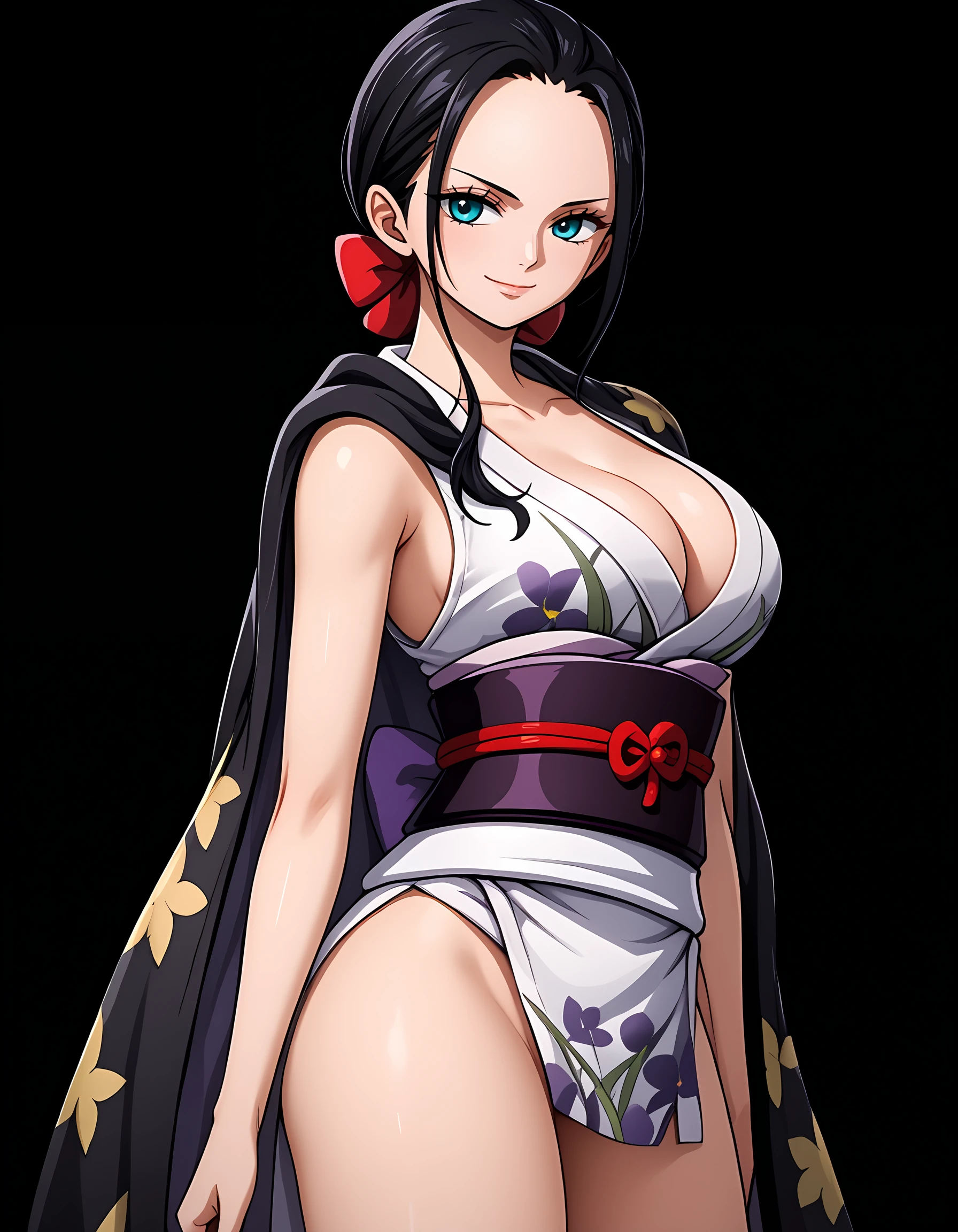 <lora:Nico_Robin:1>, n1corobin, 1girl, solo, simple black background
wano-outfit, ,japanese clothes, short kimono, cleavage,  obi, sash, sleeveless kimono, jacket on shoulders, thighs, closed mouth smile
looking at viewer, side view