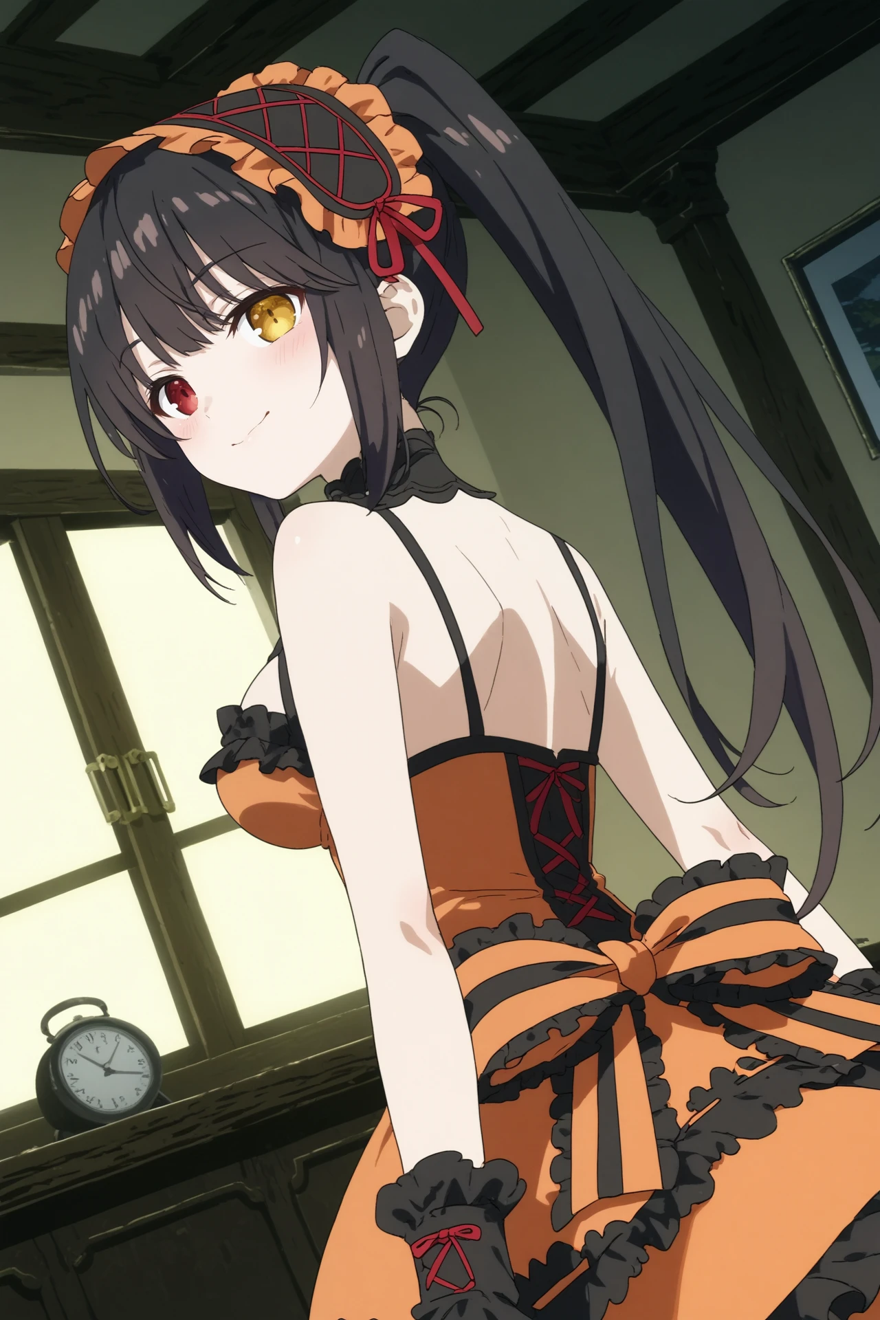 1girl,solo,kurumi tokisaki,long hair,twintails,smile,dress,heterochromia,yellow eyes,looking at viewers,clock eyes ,symbol-shaped pupils,hairband,dress,medium breasts,upper body,dutch angle

<lora:Kurumi_Tokisaki:0.8>