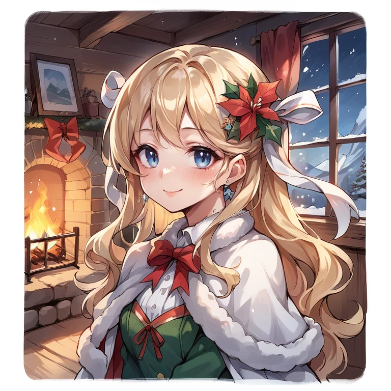 (score_9, score_8_up, score_7_up), source anime,  <lora:backgroundsetXL:0.2> , background,  indoor, interior, winter, log cabin, fireplace, sparkles, glitter, fairies, mountain, BREAK
<lora:Priscilla:0.6> , prdef, 1girl, blonde hair, blue eyes, long hair, hair ornament, hair ribbon, white hair ribbon, neck ribbon, yellow neck ribbon, hair flower, earrings, capelet, fur-trimmed capelet, smile, ((close-up, face)), christmas (theme), perfect hands, arms at sides, looking at viewer, <lora:3th3r34lXLP:0.5> , 3th3r34l,