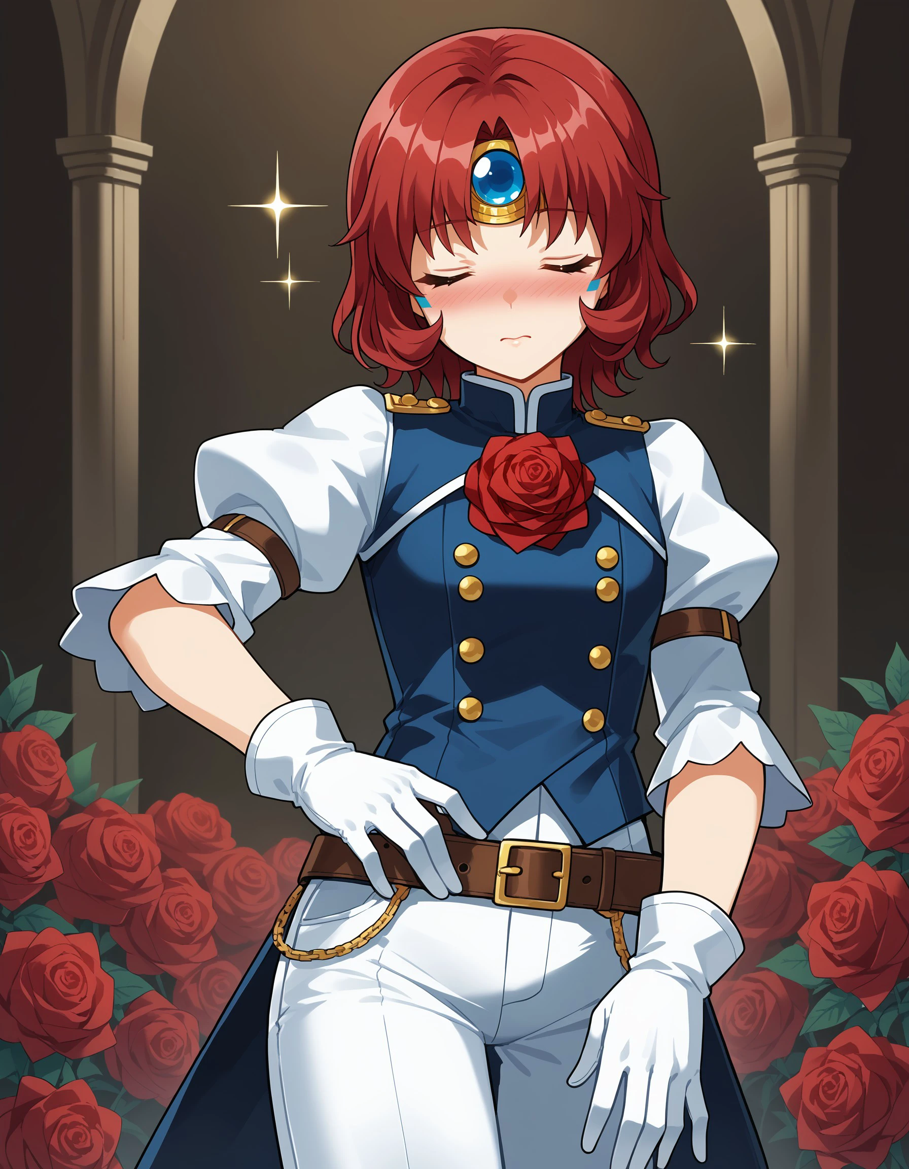 (masterpiece), best quality, expressive eyes, perfect face,flower, rose, red flower, red rose, short hair, pants, gloves, blush, sparkle, \m/, white gloves, closed eyes, belt, nasod_queen, <lora:e69c5912-0919-4674-b378-bb4fcf4043fb:0.7>