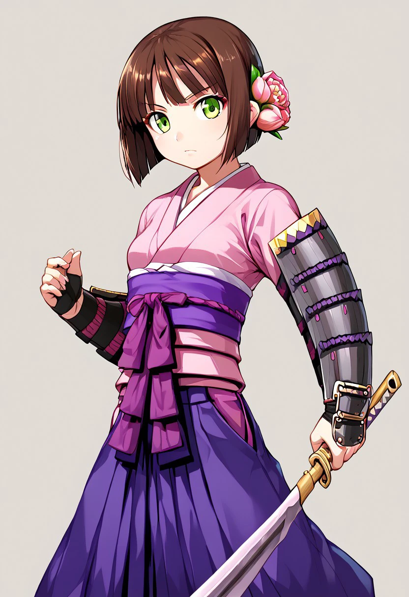 score_9,score_8_up,score_7_up,anime coloring BREAK source_anime,anime, BREAK detailed face, traditional_media,detailed face, zPDXLx, mur4k4mi-ip, etrian odyssey, female bushido 2, 18 years old, year 18,1girl, solo, weapon, sword, japanese clothes, purple hakama, hakama, hakama skirt, green eyes, brown hair, skirt, short hair, boots, hair ornament, flower, armor, kimono, hair flower, upper body,bow,long ribbon