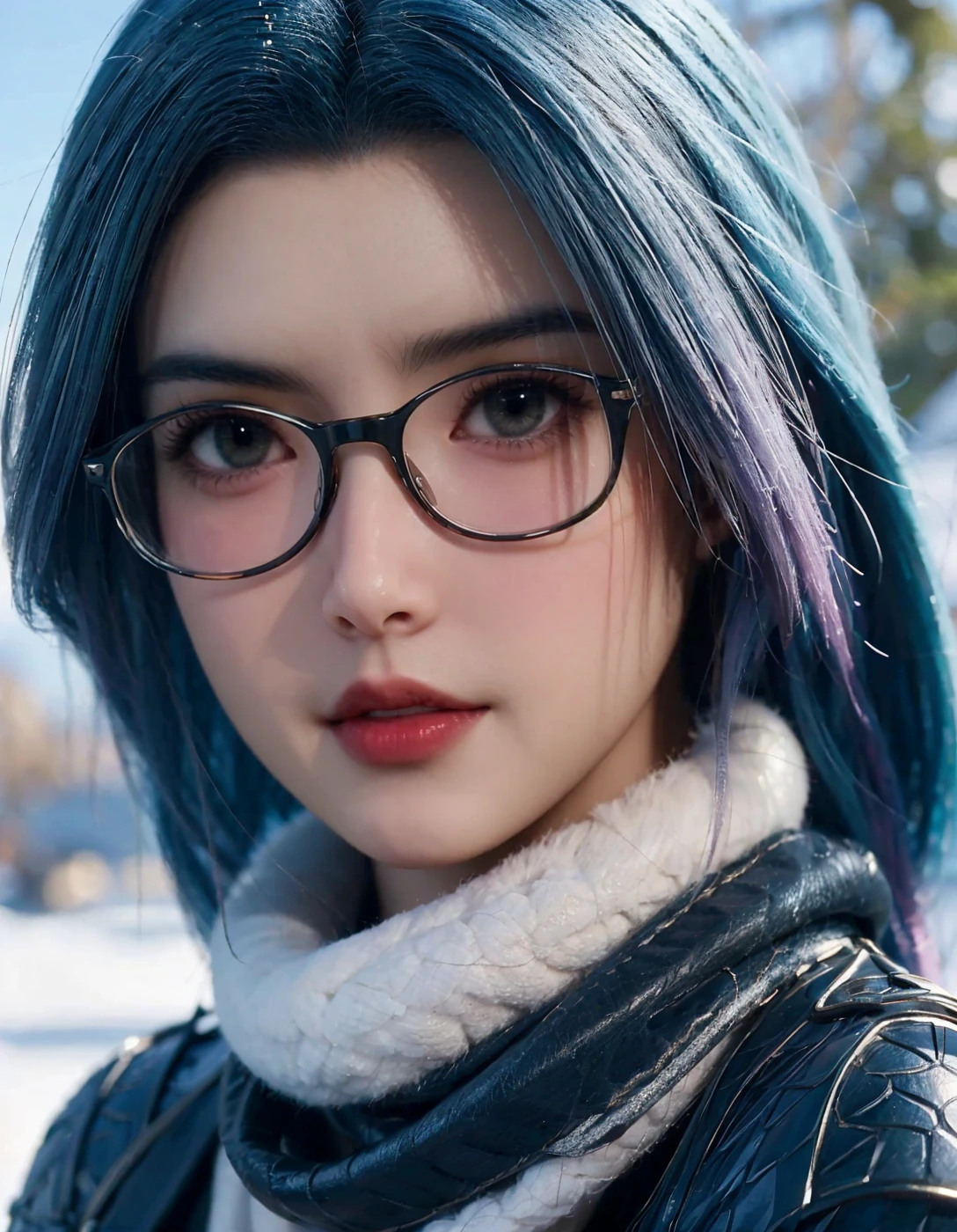 1girl,solo,long hair,blue hair,gradient hair,blue eyes,((black thick black-rimmed glasses)),happy,coat,scarf,((looking at viewer)),outdoors,snow,(scenery),close-up,blurry,Highly detailed,(ultra-detailed),(best quality,masterpiece:1.5),<lora:20240929-1727556316199:0.55>,