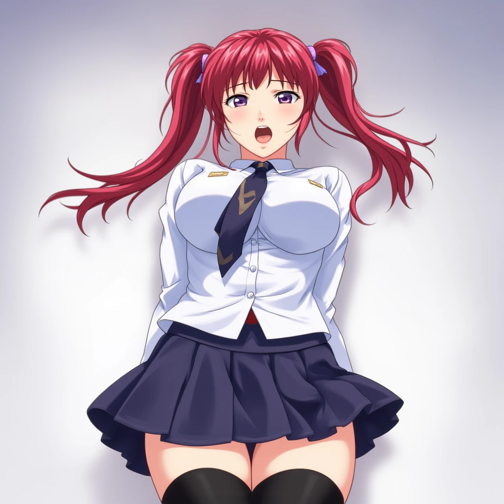 UHD, 4k, ultra detailed, cinematic, a photograph of  <lora:Bible Black Adult animation style v2:0.5>
In Adult animation style, In Manga and Anime cartoon style Low angle from below, Hiroko Takashiro a woman in a short skirt and a tie, 1girl, solo, long hair, breasts, open mouth, skirt, large breasts, simple background, thighhighs, underwear, school uniform, purple eyes, panties, ponytail, red hair, pleated skirt, necktie, black thighhighs, white panties, pantyshot, from below, red hair, long choppy hair, purple_eyes, eroge, anime, manga, nsfw, cartoon, Adult animation, explicit, Original video animation, Baiburu Burakku style, Bible Black style, school girl outfit, standing, upskirt, epic, beautiful lighting, inpsiring