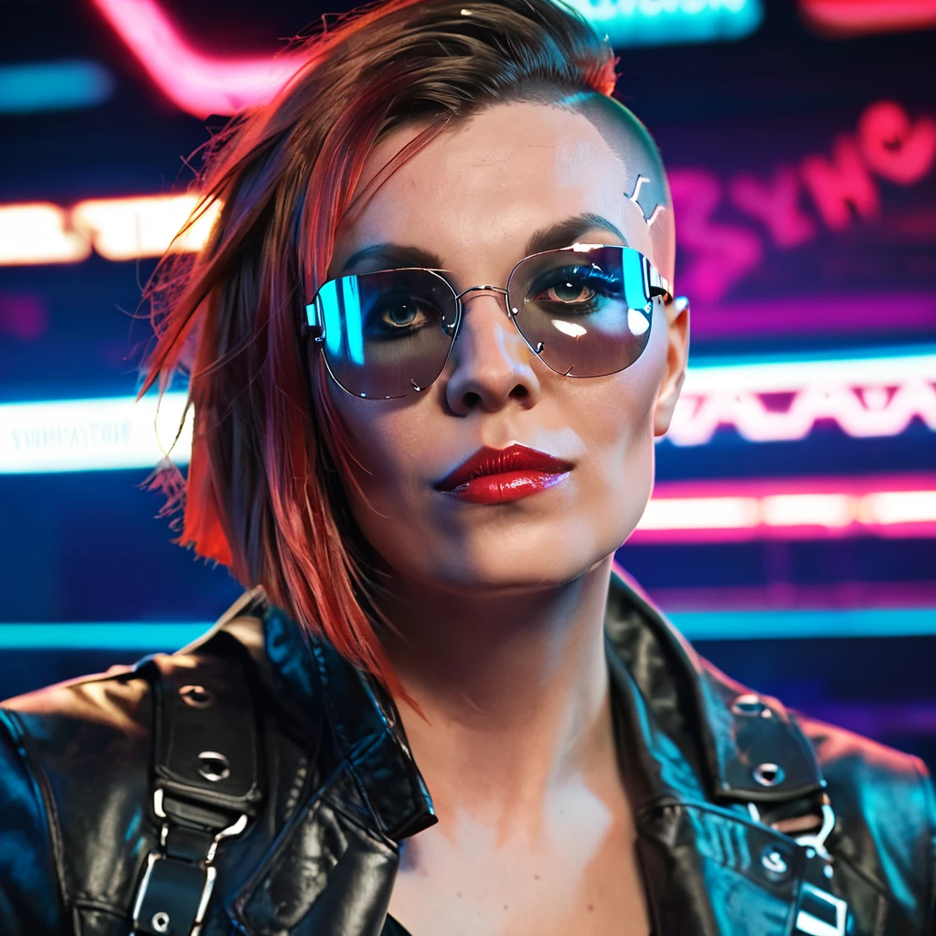 female in leather jacket and croptop in bar, (side cut black and red bob hair:1.2), <lora:Olga_Skaveeva_PonyXL:0.8> olskab, (cyberpunk:1.2), neon, sci-fi, aviator glasses, score_9, score_8_up, score_7_up, hyperdetailed, hyperrealistic,