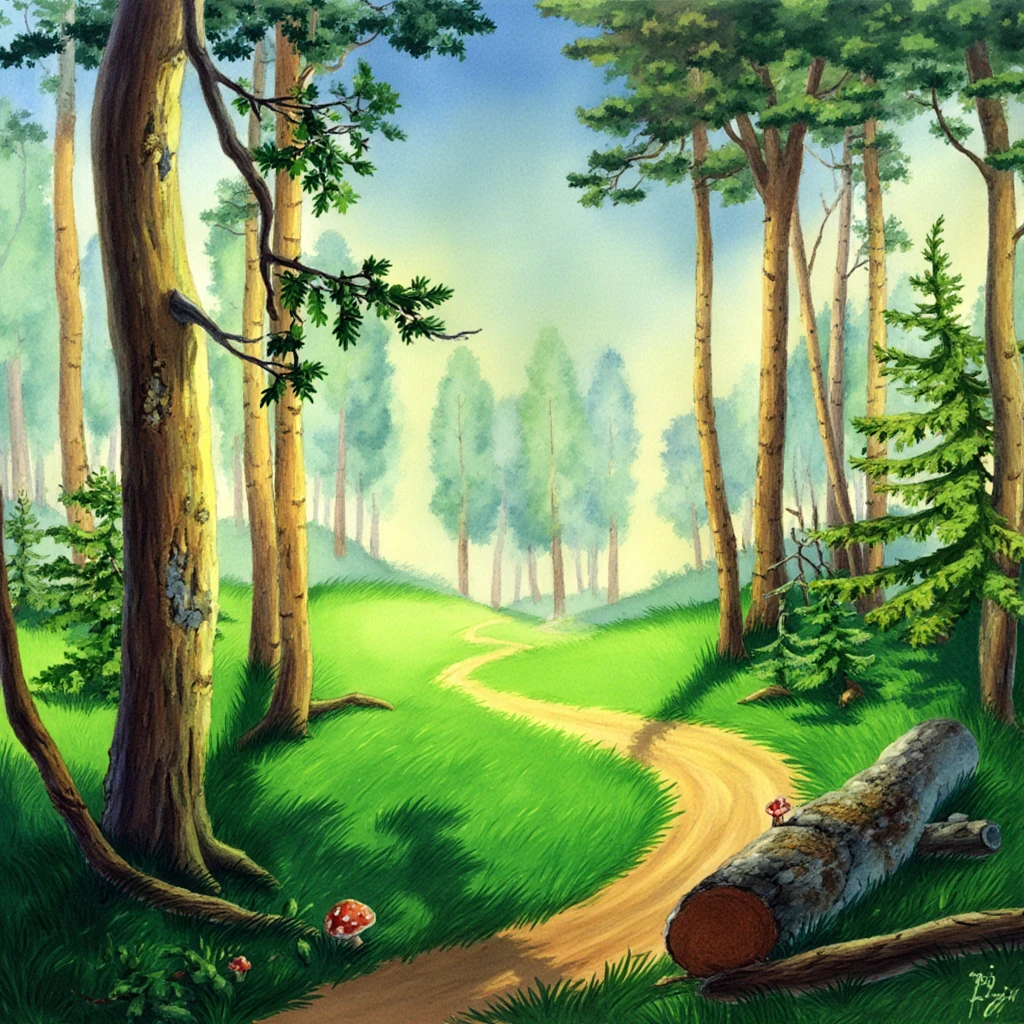 TThe PIVIG image style. This is a vibrant, highly detailed, digital illustration of a serene forest scene. The image showcases a lush, sunlit forest with tall, slender trees, predominantly birch and pine, with their trunks a mix of brown and tan colors. The trees are spaced evenly, creating a sense of depth and perspective. The forest floor is covered in vibrant, lush green grass, with a winding dirt path meandering through the center, leading the eye into the scene. 

In the foreground, a fallen log, covered in moss and mushrooms, adds a textured, earthy element. The ground is rich with various plant life, including ferns and other foliage, adding to the dense, verdant atmosphere. 

The sky above is a gradient of soft blue, transitioning from a lighter hue at the top to a deeper shade at the horizon, suggesting a clear, sunny day. The light filtering through the trees casts dappled shadows on the forest floor, enhancing the sense of depth and texture.

In the background, a couple of trees are slightly obscured, their trunks blending into the distance, while the rest of the scene is filled with the rhythmic pattern of tree trunks and foliage.