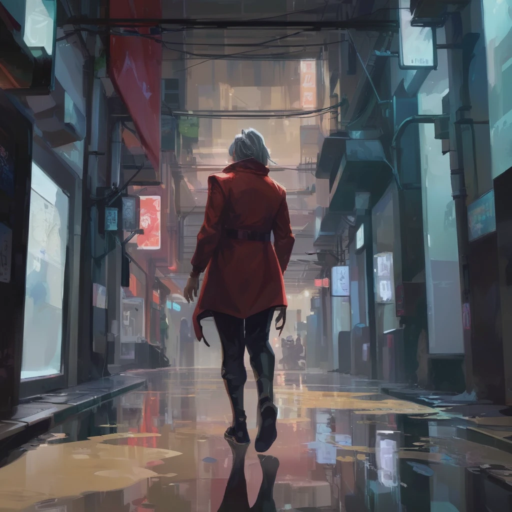 photo of 1girl, ((backwards)), from behind, wearing red coat, rainy dark day, darkness, water puddles on floor, (greyscale and intense red), lonely street, valorant style