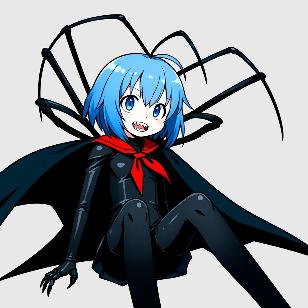 <lora:monster_SDXL:0.5>, black cape, black bodysuit, 1girl, solo, short_hair, open_mouth, blue_eyes, red neckerchief,  simple_background, thighhighs, white_background, sitting, blue_hair, tail, full_body, ahoge, teeth, sharp_teeth, monster_girl, claws, personification, antennae, no_nose, arthropod_girl, spider_girl, monmusu, Aromia bungii