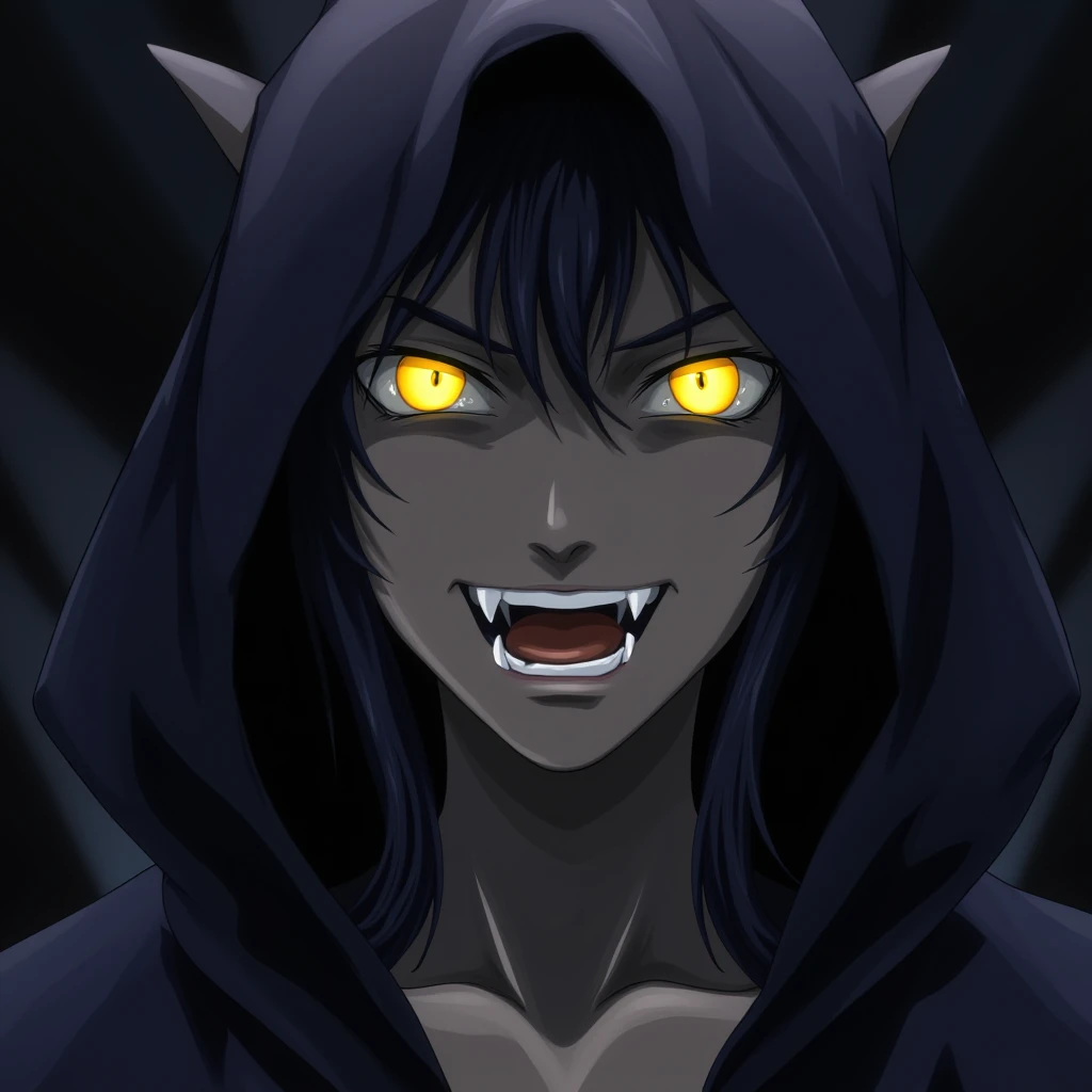 UHD, 4k, ultra detailed, cinematic, a photograph of  <lora:Bible Black Adult animation style v2:0.5>
In Adult animation style, In Manga and Anime cartoon style Demon a demonic looking creature with golden yellow eyes smiling solo, looking at viewer, 1boy, yellow eyes, male focus, teeth, hood, fangs, portrait, cloak, hood up, colored sclera, eroge, anime, manga, nsfw, cartoon, Adult animation, explicit, Original video animation, Baiburu Burakku style, Bible Black style, solo, colored skin, black sclera, grey skin, epic, beautiful lighting, inpsiring