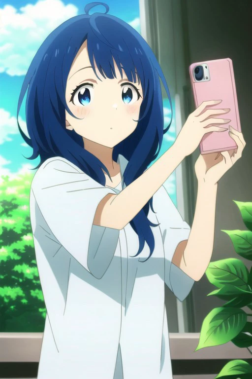 (masterpiece), yanami anna, blue hair, blue eyes, 1girl, solo, phone, holding phone, cellphone, holding, smartphone, plant, selfie, window, upper body