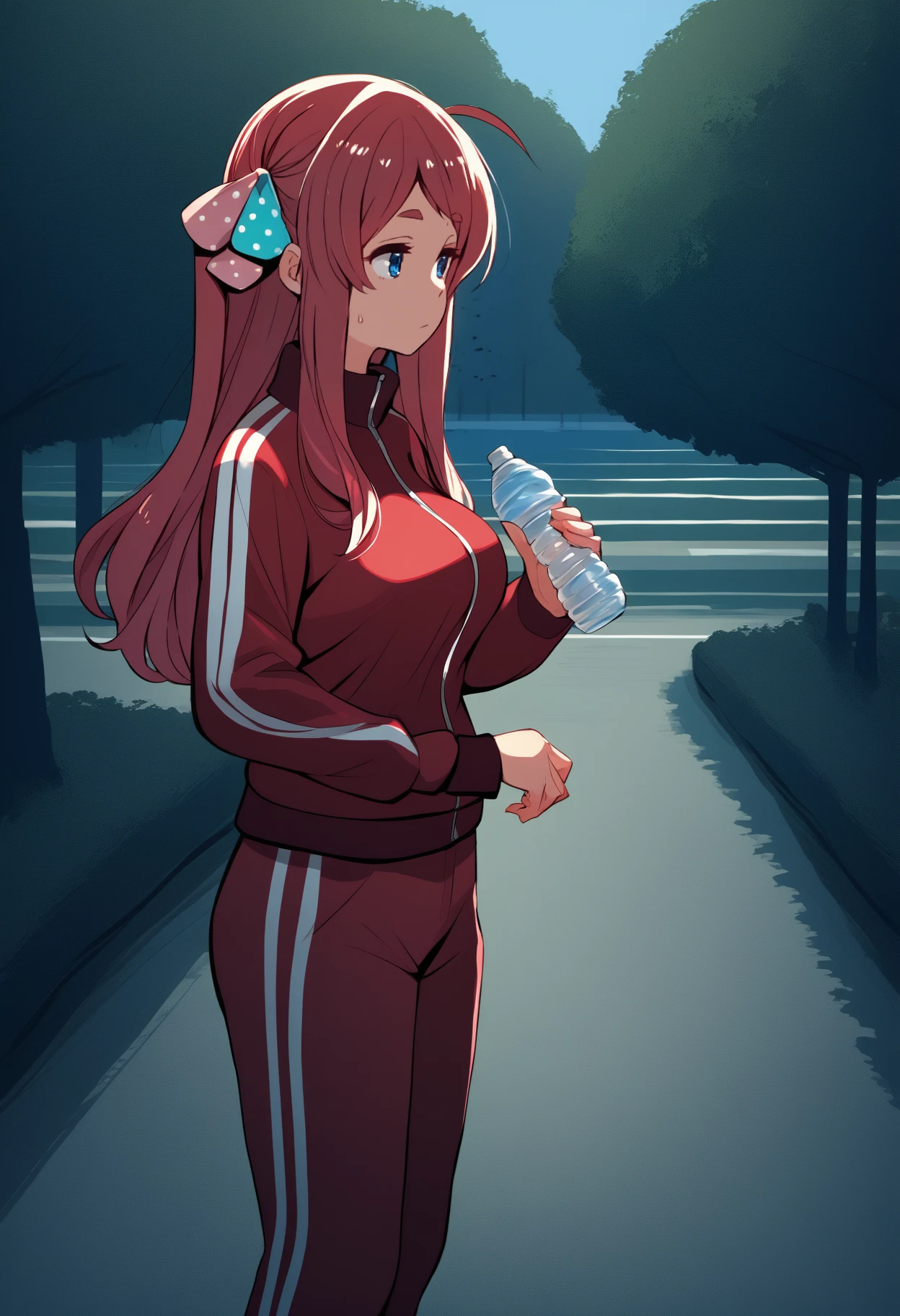 score_9, score_8_up, score_7_up, source_anime, <break> solo, 1girl, skrmnmoto, sweat, expressionless, looking away, standing, holding water bottle, long hair, red hair, ahoge, one side up, hair bow, polka dot bow, blue eyes, track suit, red jacket, track jacket, long sleeves, red pants, large breasts, outdoors, park
<segment:yolo-face_yolov8m.pt,0.4,0.5//cid=1>