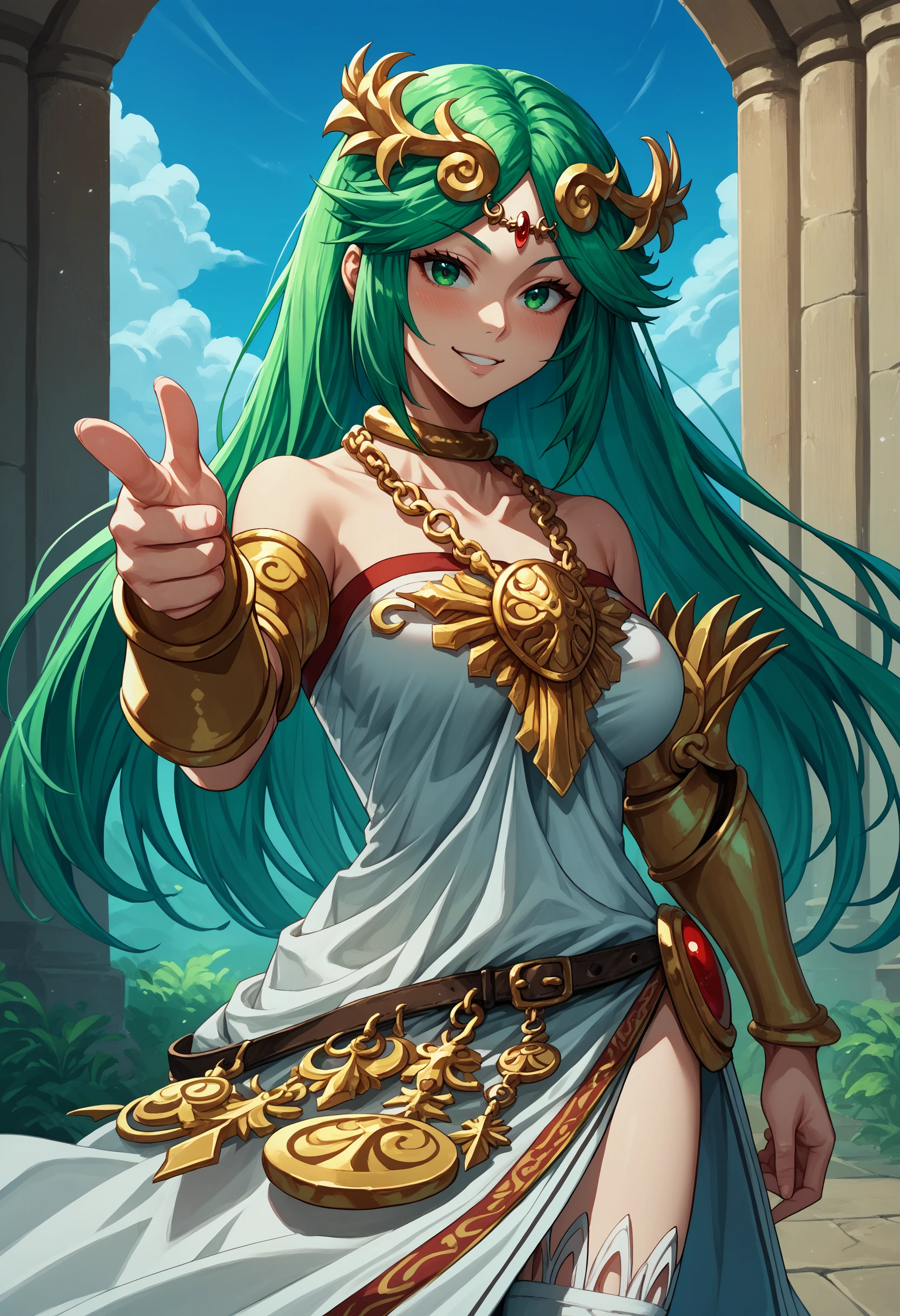 score_9, score_8_up, score_7_up, 1girl, plutena, green eyes, green hair, parted bangs, large breasts, forehead jewel, diadem, neck ring, gold choker, jewelry, gold chain, pendant, necklace, vambraces, armlet, circlet, tiara, collarbone, bare shoulders, strapless dress, white dress, multiple belts, side slit, single thighhigh, white thighhighs, <lora:Palutena_pdxl_Incrs_v1:1>, outdoors, smile, <lora:Fingergun_XLPD:1> finger gun, pointing at viewer, blush,