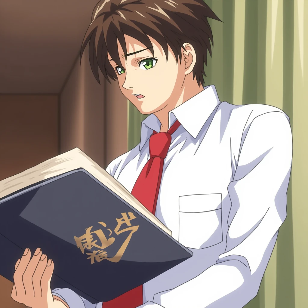 <lora:Bible Black Adult animation style v2:0.5>
In Adult animation style, In Manga and Anime cartoon style Taki Minase a man in a tie holding a ritual book, solo, brown hair, shirt, black hair, 1boy, holding, school uniform, green eyes, white shirt, upper body, male focus, necktie, collared shirt, indoors, book, curtains, red necktie green_eyes, short brown hair, choppy hair, eroge, anime, manga, nsfw, cartoon, Adult animation, explicit, Original video animation, Baiburu Burakku style, Bible Black style, chain, holding book, red necktie