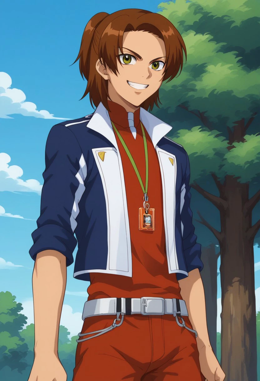 score_9, score_8_up, score_7_up, source_anime, highly detailed,
masaru, boy, male focus, solo, brown hair, ponytail, green eyes, uniform, shirt, orange shirt, jacket, cropped jacket, blue jacket, open jacket, open clothes, sleeves rolled up, belt, pants, orange pants, jewelry, id card, smile, grin,
outdoot, sky, cloud, tree