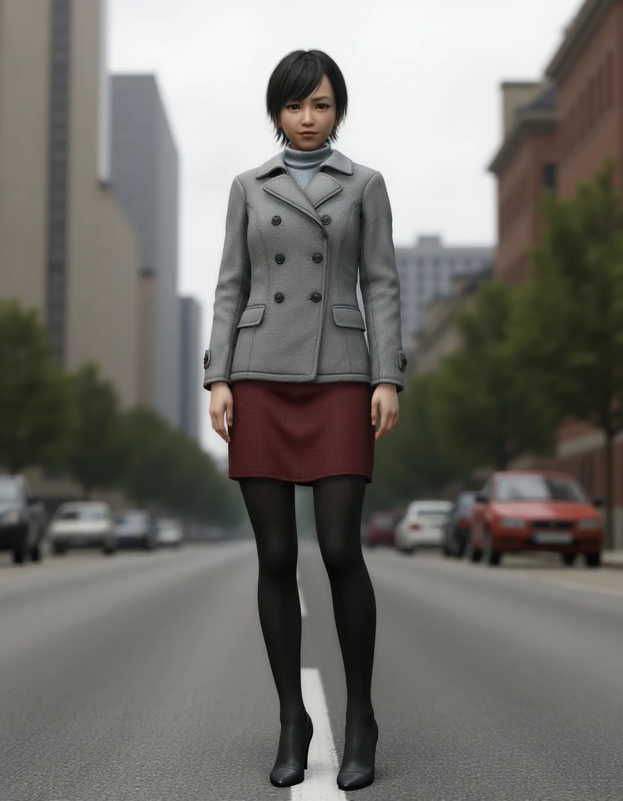 <lora:Haruka_Sawamura:1> Video game screenshot. Full-body photo of hrkswmr making a photoshoot pose in the middle of street. She has short hair and is wearing a grey coat, dark red skirt, black tights and black high heels.