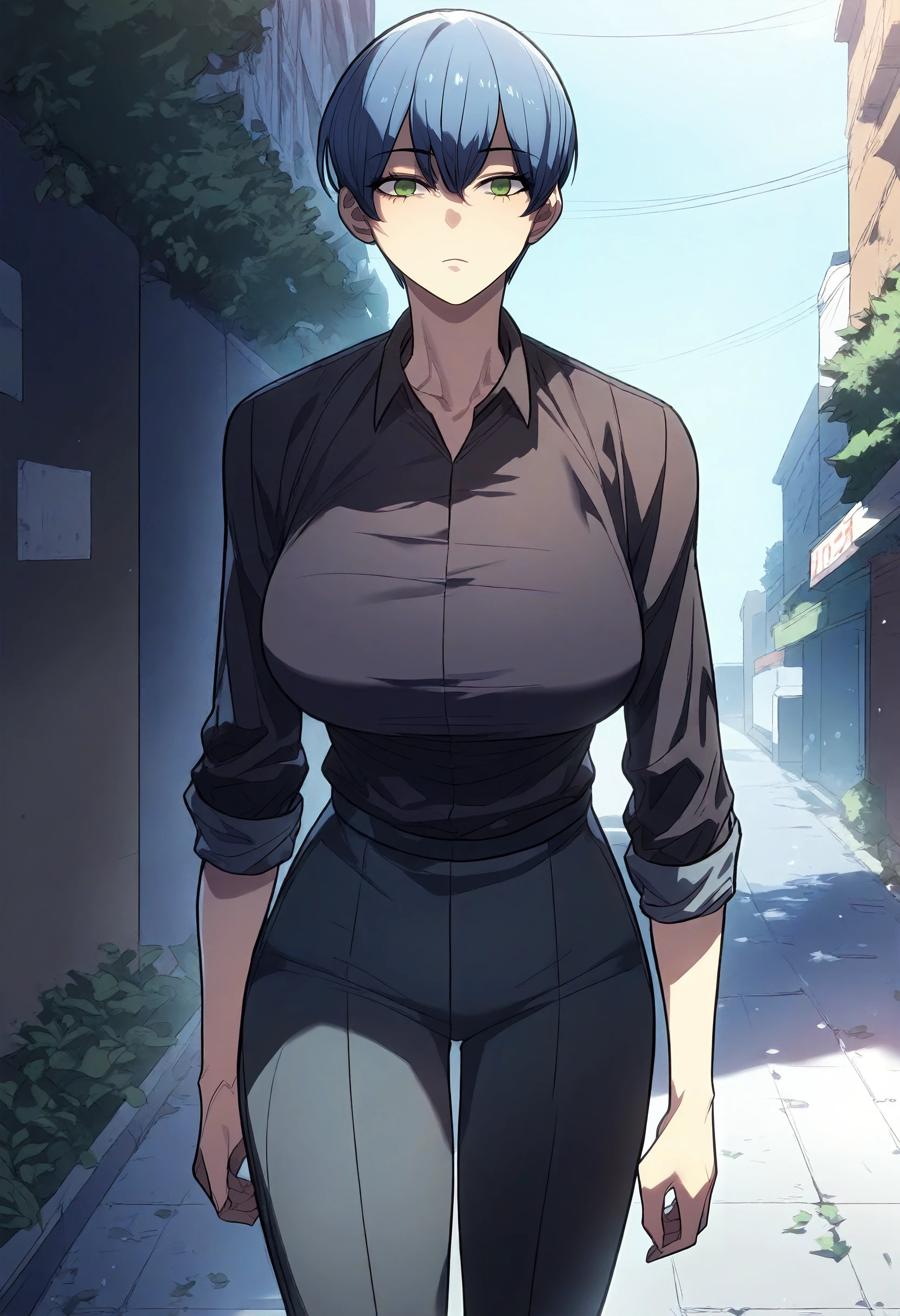 score_9, score_8_up, score_7_up, score_6_up, source_anime, rating_explicit, 1girl, (solo:1.1), huge breasts, <lora:Yoo Ah-yeong prefectPonyxl:1> short hair, green eyes, blue hair, black shirt, collared shirt, sleeves rolled up, black pants, expressionless, street, outdoors, standing, looking at viewer