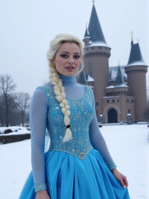 Laure Sainclair is a woman. She has white onebraided hair with one braid on the side and wears a turtleneck blues princess dress with sparkles. She poses in front of a castle in the snow<lora:Laure_Sainclair:0.9>