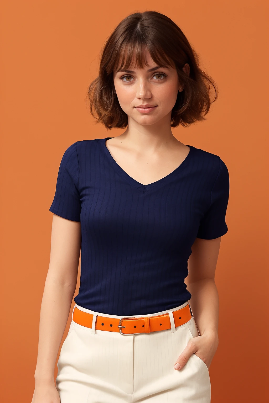 1girl, ultrarealistic, real photo, detailed skin, visible pores, woman, (orange backdrop:1.3), (navy-colored short-sleeved V-neck ribbed top, cream-colored slacks), smirk
 <lora:ada88_cu_lora_v02:1> ada88, yellow eyes, bangs, belt