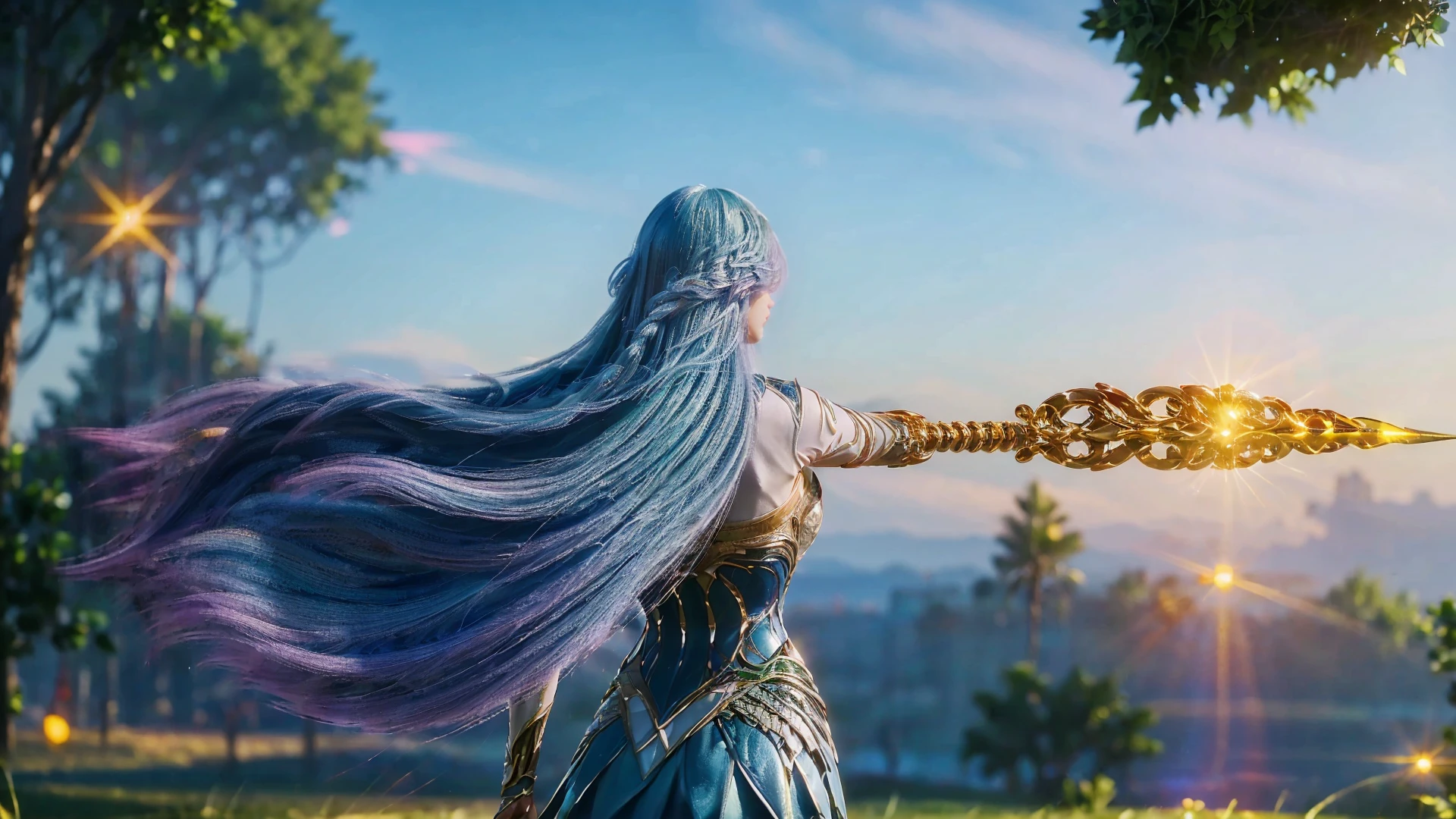 1girl,solo,very long hair,blue hair,gradient hair,floating hair,brad,dress,spear,(holding spear),from behind,(from behind),back body,outdoors,(sunset),sky,((glowing)),((sparkle)),((shiny)),(scenery),Highly detailed,(ultra-detailed),(best quality,masterpiece:1.5),<lora:20240929-1727556316199:0.8>,