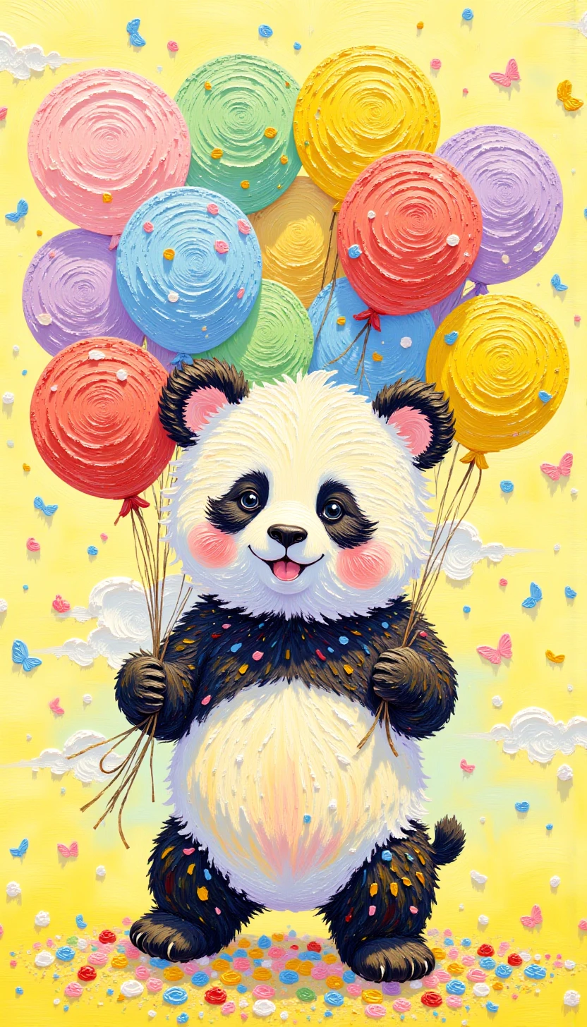 pinkoilpainting,A cute and cuddly panda bear holding a bouquet of colorful balloons, with a bright, cheerful background and confetti falling around it