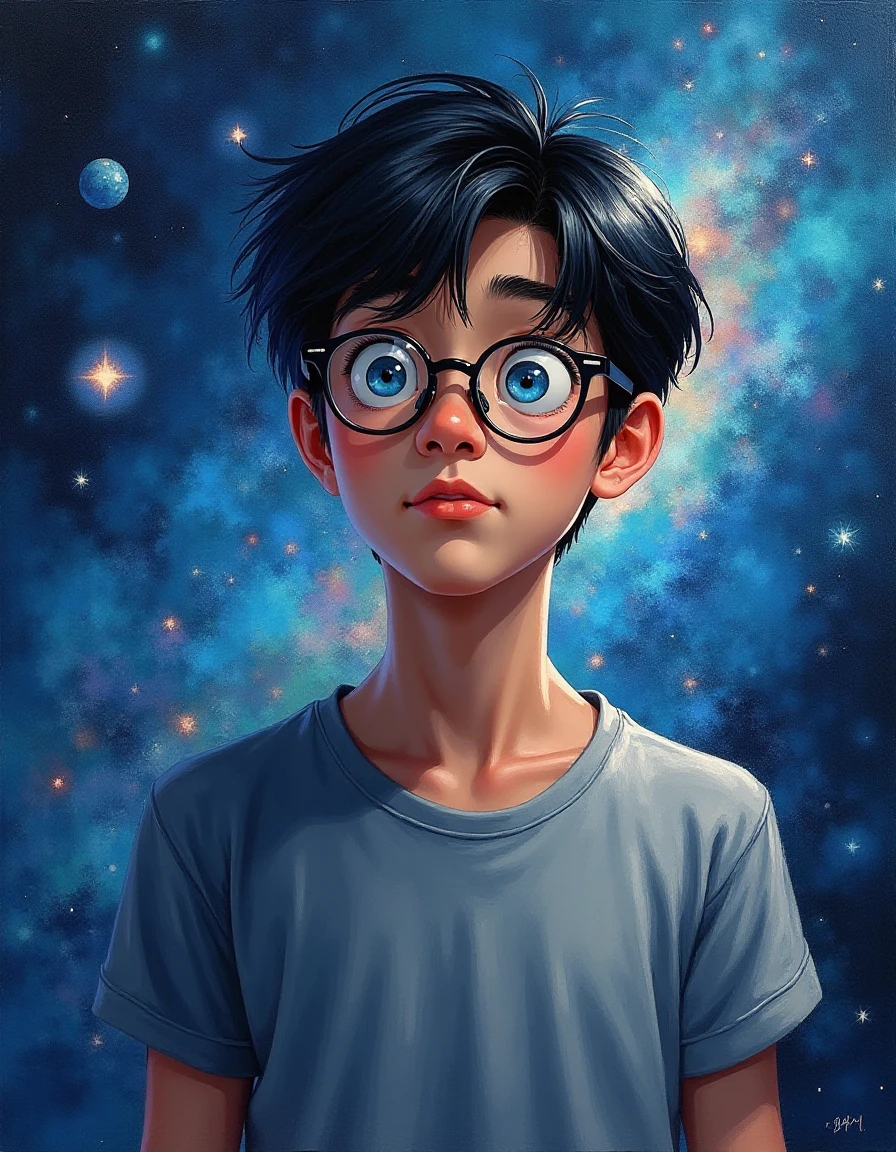 Impressionist painting Andromeda Galaxy, Nervous, <lora:Pascal_Curious:1>, 1man, asian, black hair, round glasses, blue eyes, grey t-shirt . Loose brushwork, vibrant color, light and shadow play, captures feeling over form