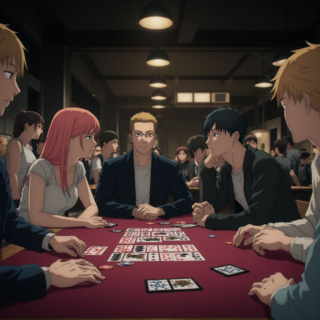 <lora:csm_artstyle:1.6>, csm-artstyle, a anime art-style of people playing poker