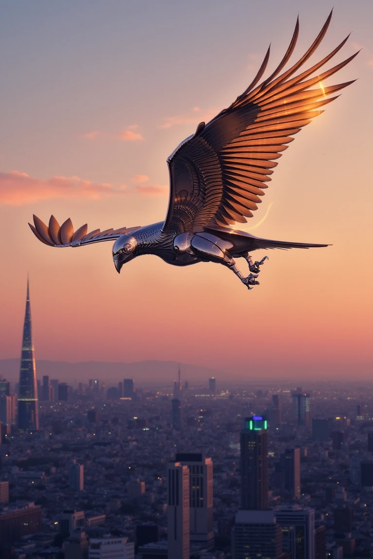 An artistic portrayal of a cybernetic bird soaring over a modern city skyline at dusk. The bird's metallic feathers catch the fading sunlight, creating a blend of warm and cool tones. The image should showcase the fusion of organic forms and mechanical elements, in homage to Sorayama's style.